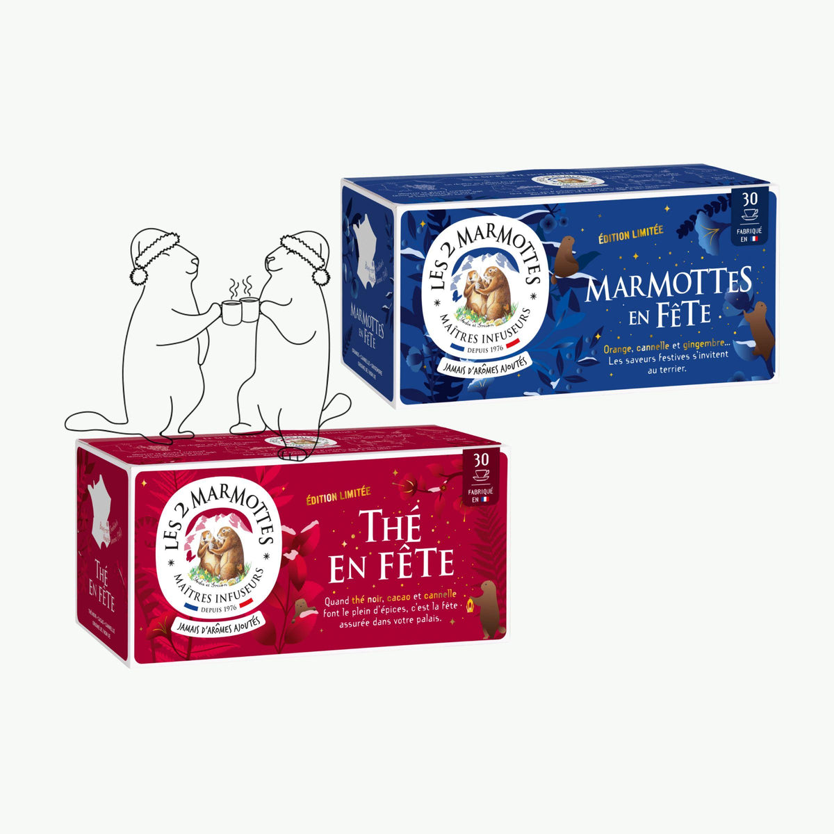 Idée cadeau secret santa pour fan de thé : 1 thé de noel + 1 tisane de noel Les  2 Marmottes. Recettes 100% plantes, sans arômes ajoutés, fabrication française Les 2 Marmottes