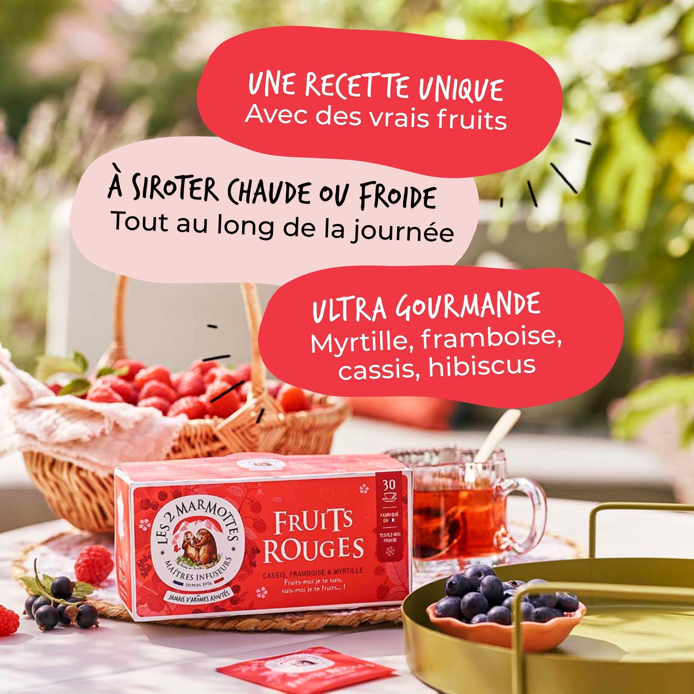 Tisane fruits rouges aux vrais fruits sans arômes ajoutés : cassis, framboise, cassis, hibiscus, pomme...