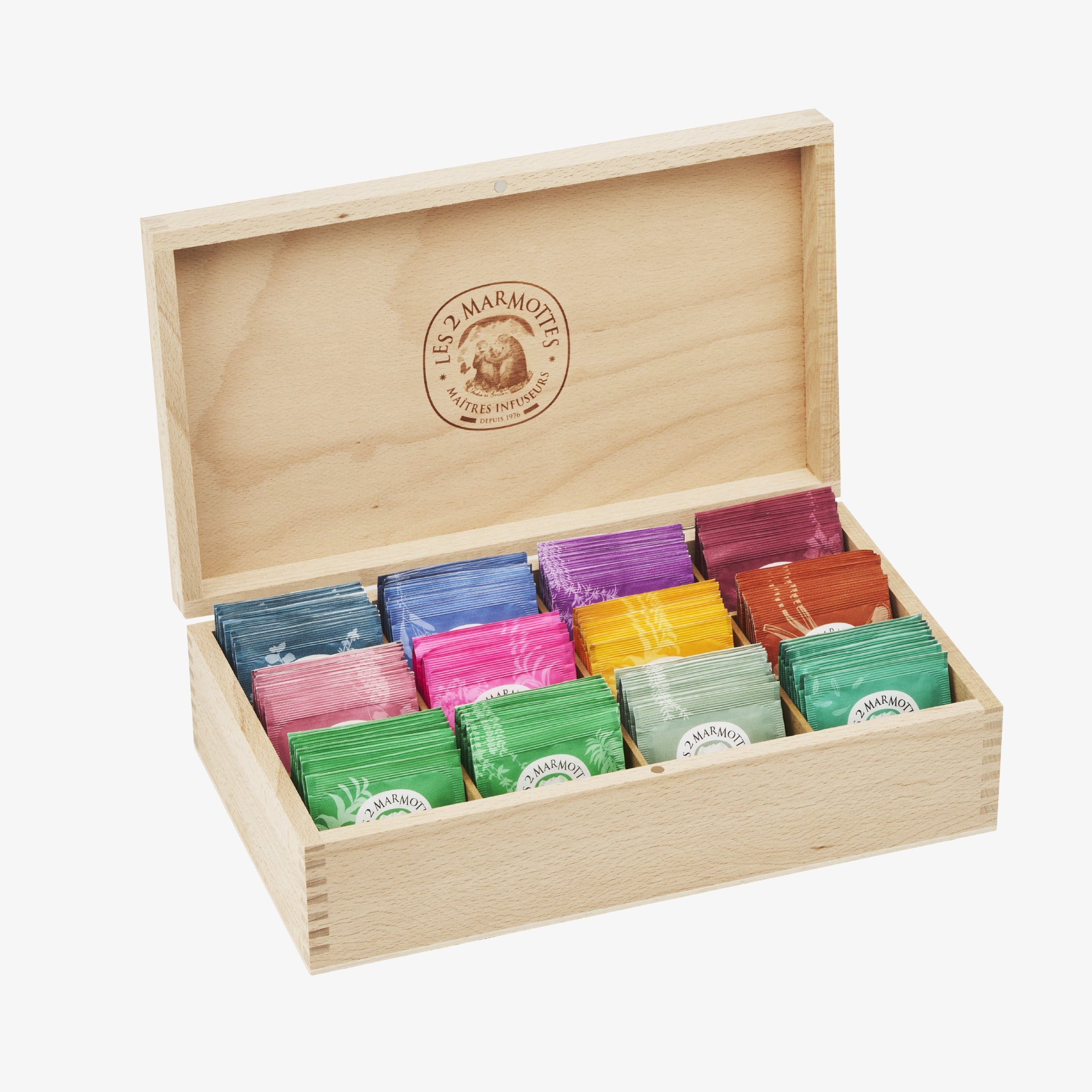 Coffret en bois de hêtre du Jura, 12 tisanes et thés fabriqués en France 