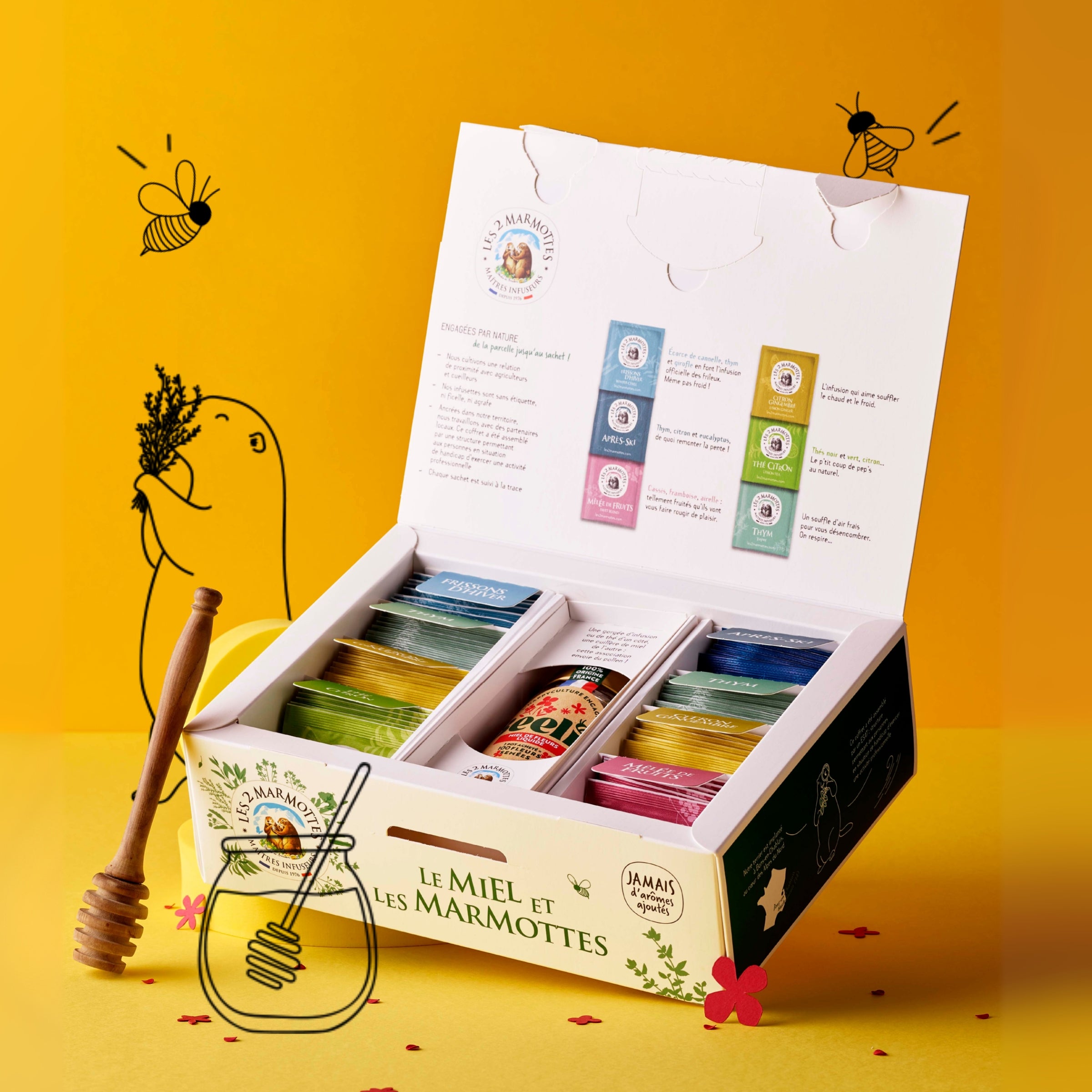 Coffret cadeau : miel et 8 tisanes de thym et fruits pour les maux de gorge. Tisanes naturelles Les 2 Marmottes, miel de fleurs origine France