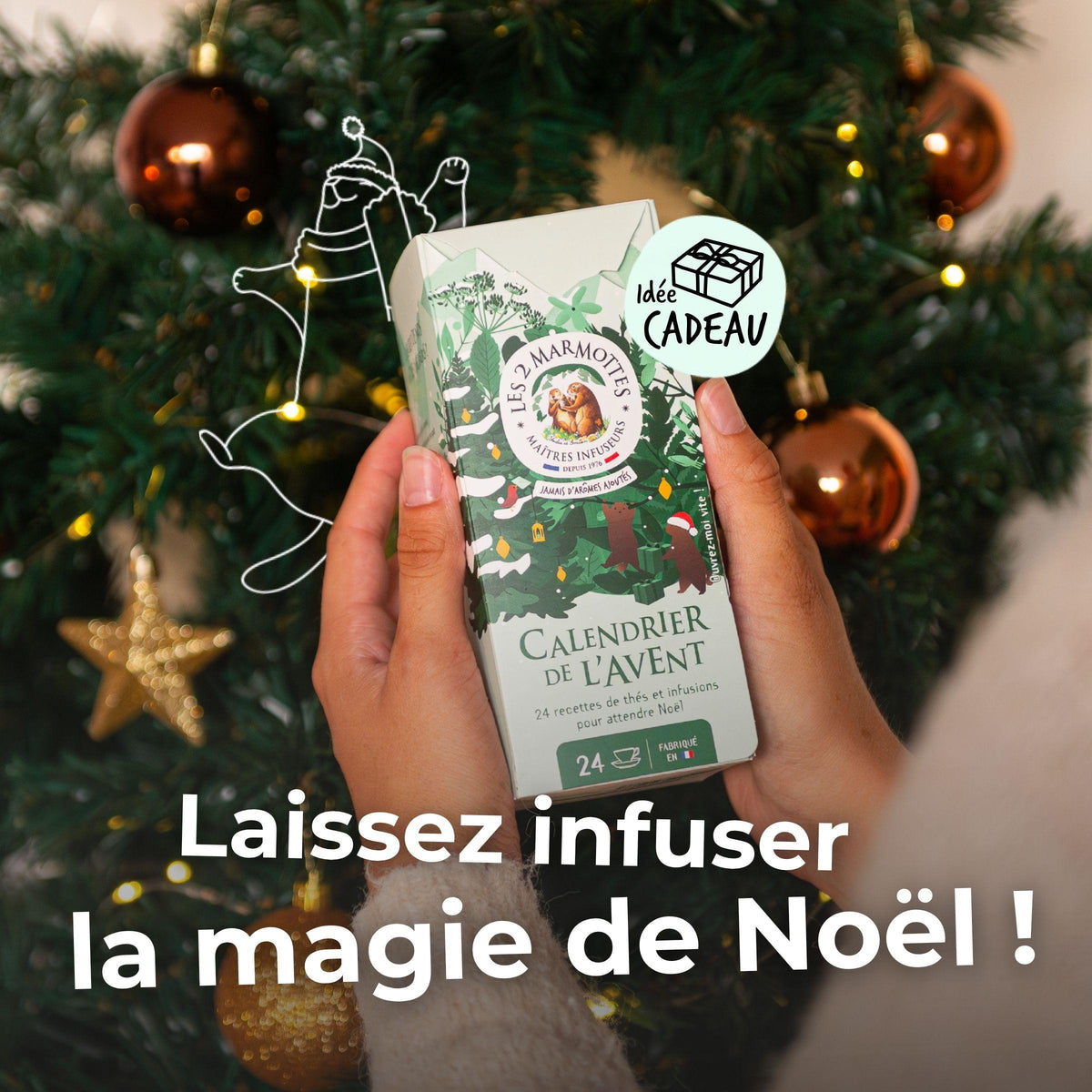 Petit calendrier de l'avent les 2 marmottes : assortiment de 24 sachets de thés et tisanes, étui carton sans plastique, ne prend pas beaucoup de place, le décor se déplie. Tisanes et thés 100% plantes, sans arômes ajoutés, fabrication française Les 2 Marmottes. Décor vert et blanc inspiration montagne, avec petites marmottes mignonnes. Edition limitée. Idée petit cadeau secret santa ou cadeau de noel pour fan de thé.