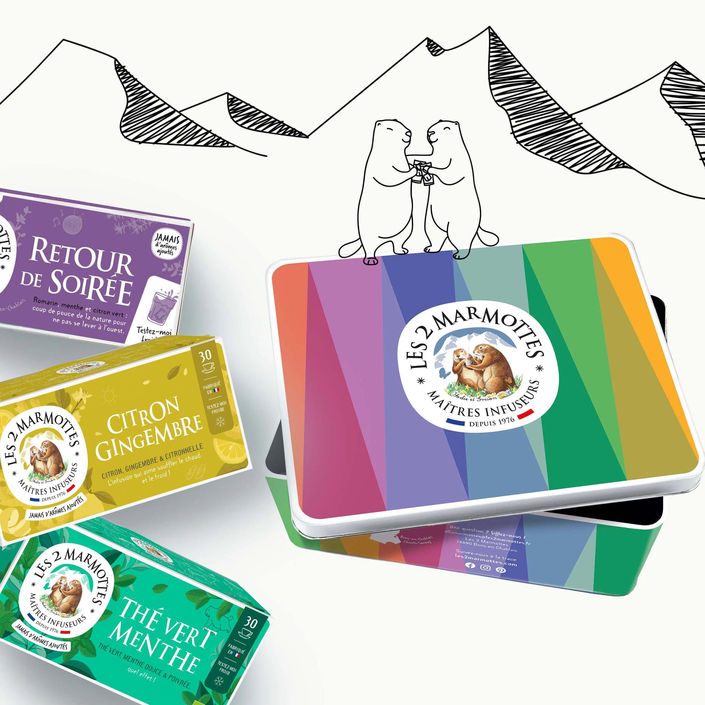 Idée cadeau : boîte métal colorée contenant tisanes et thés glacés pour l'été, pour s'hydrater sans sucre par fortes chaleurs