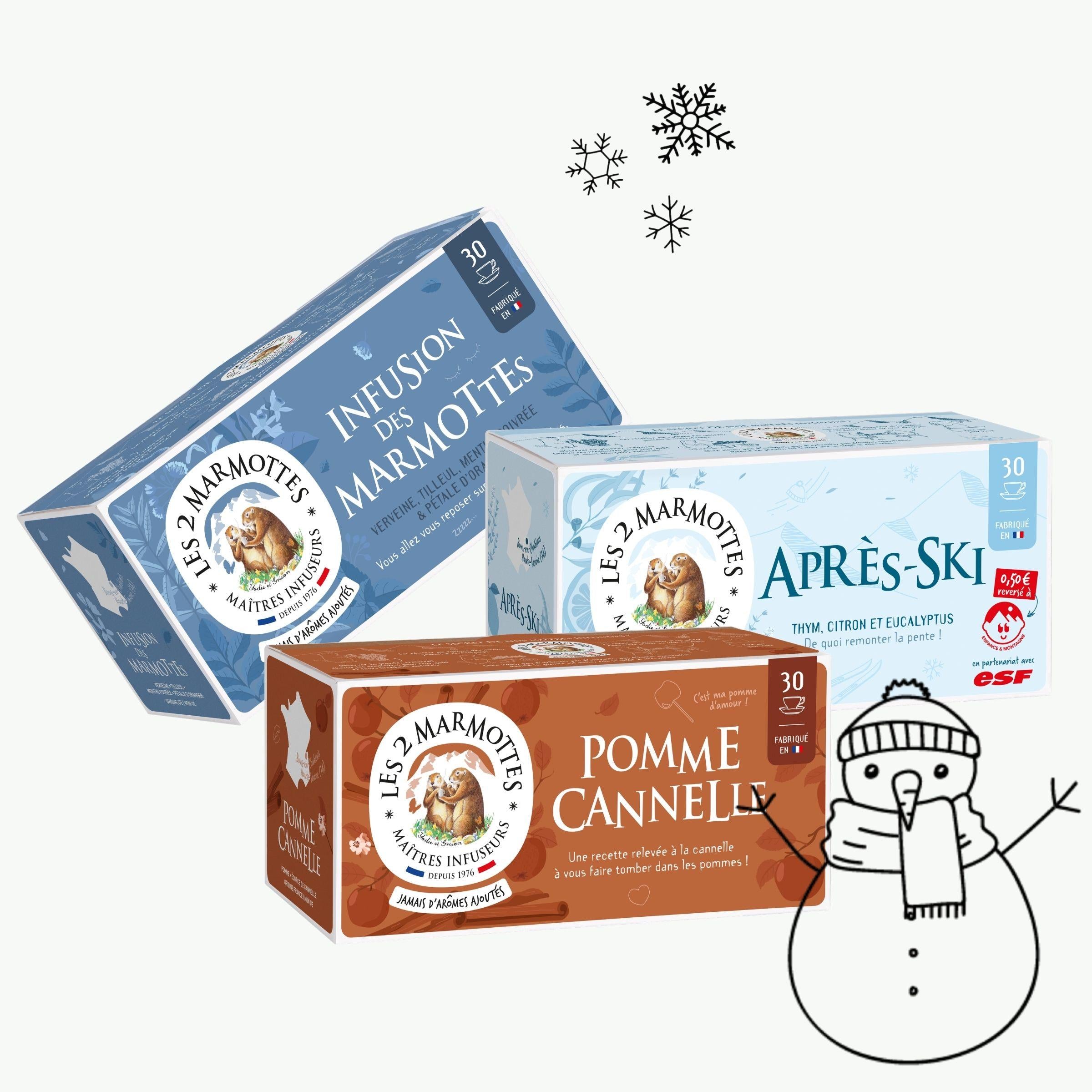 Contenu de la boîte métal garnie : infusion des marmottes, infusion pomme cannelle, infusion après-ski
