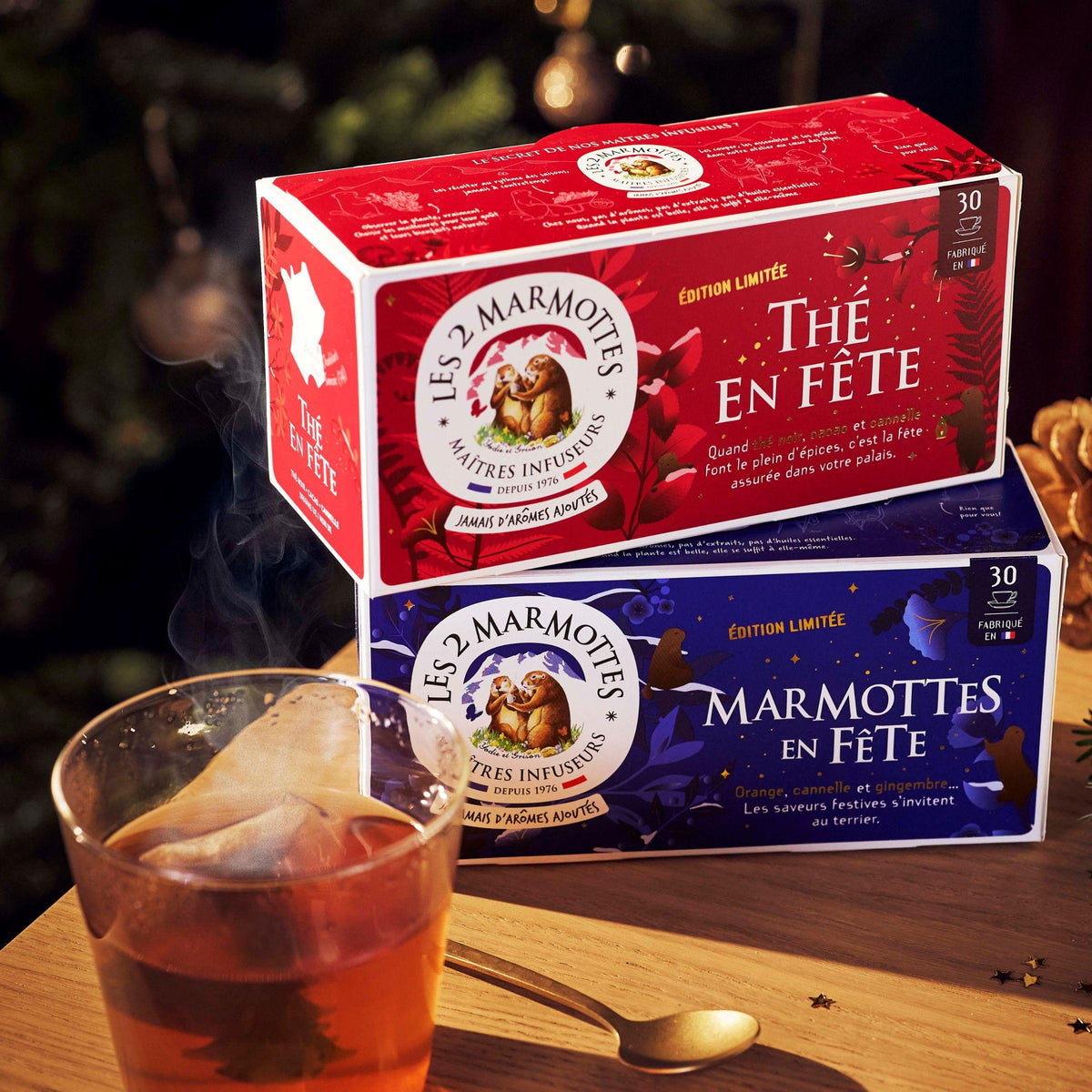 Idée cadeau secret santa pour fan de thé : 1 thé de noel + 1 tisane de noel Les  2 Marmottes. Recettes 100% plantes, sans arômes ajoutés, fabrication française Les 2 Marmottes. 30 sachets par boîte