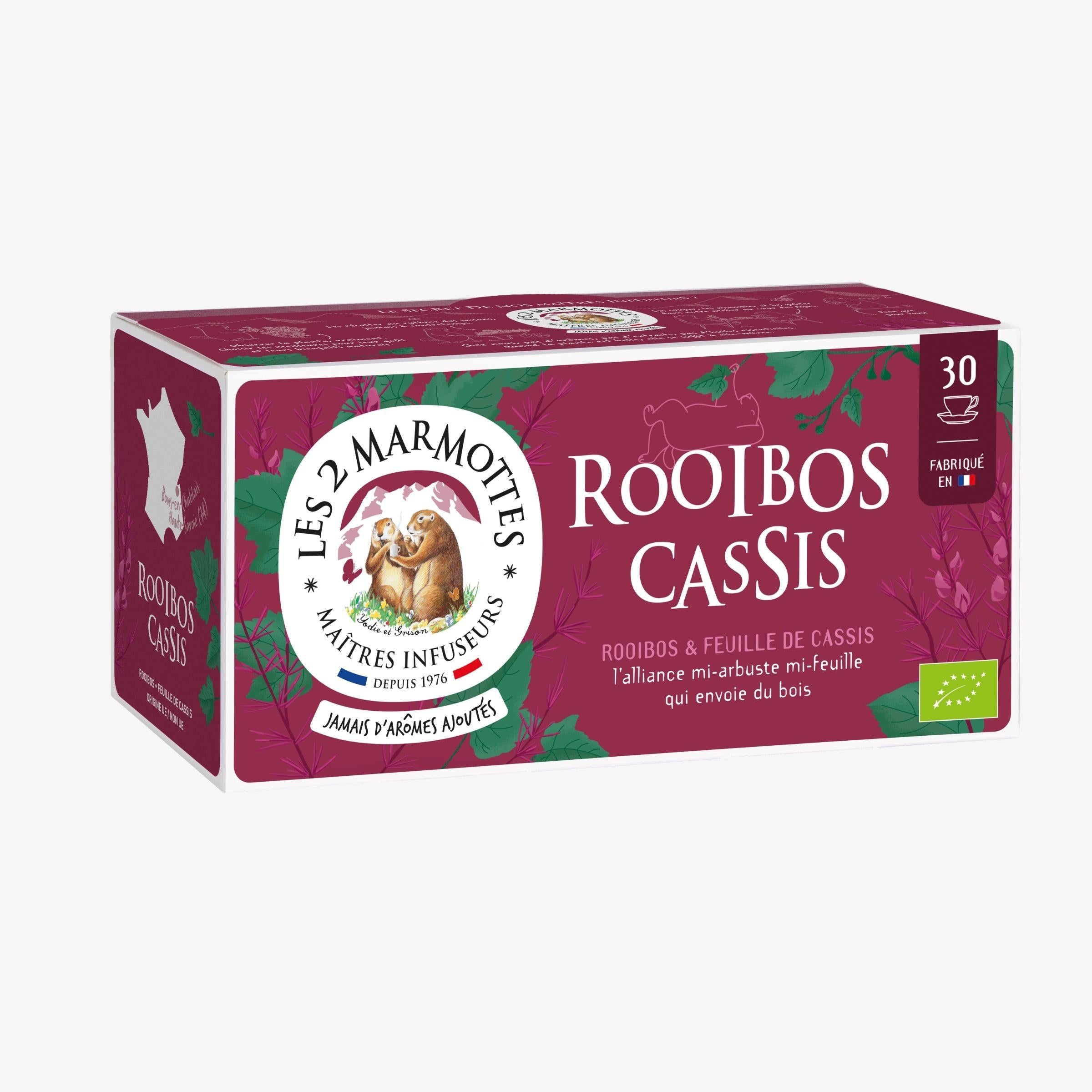 Rooibos et feuilles de cassis, infusion sans théine. Thé rouge naturellement sans caféine. Rooibos bio Les 2 Marmottes, Made in France 