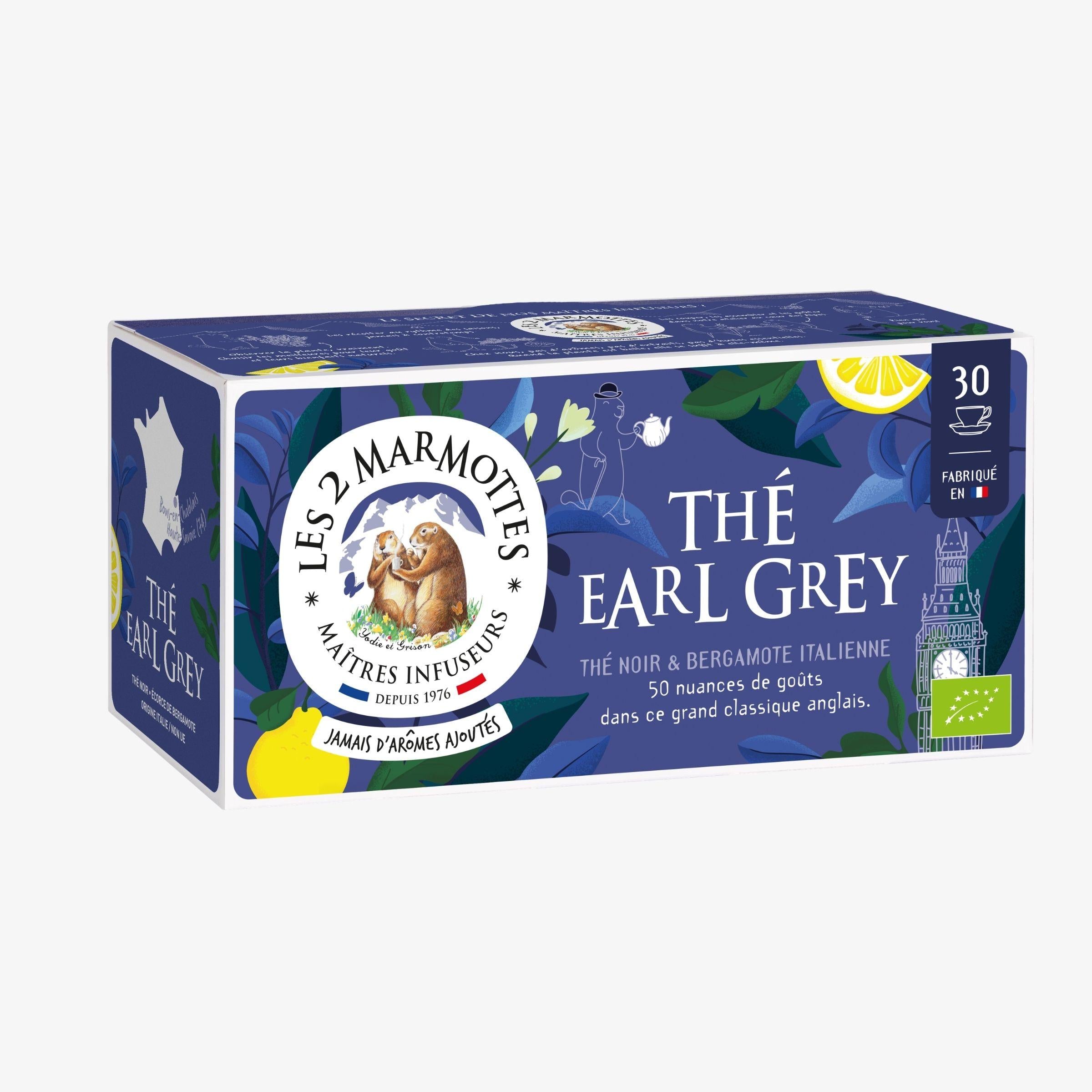 Thé Earl Grey Bio avec vraie bergamote, thé noir bio du matin, thé anglais classique. Earl grey sans arômes ajoutés, sans huile essentielle, 100% plantes, élaboré uniquement à partir de vraie bergamote italienne. Fabrication française Les 2 Marmottes