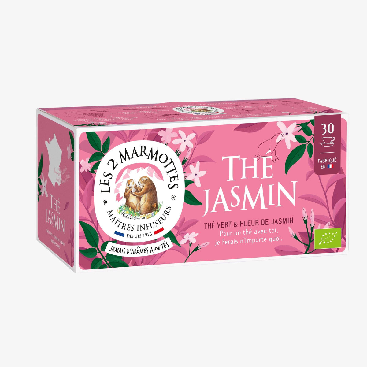 Thé vert aux fleurs de jasmin biologique Les 2 Marmottes - Made in France - Sans arômes ajoutés