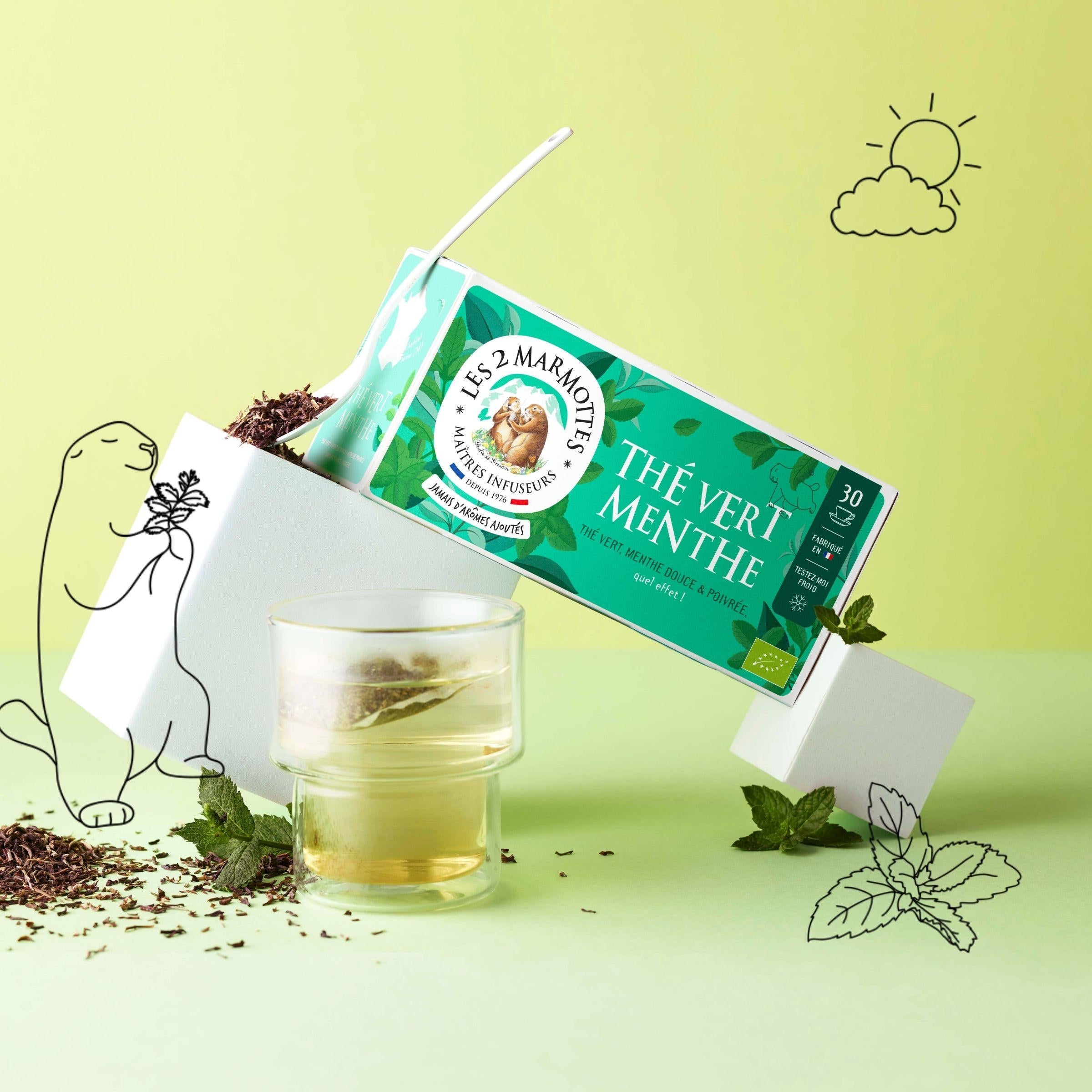 Thé vert biologique aux 2 menthes : menthe douce et menthe poivrée