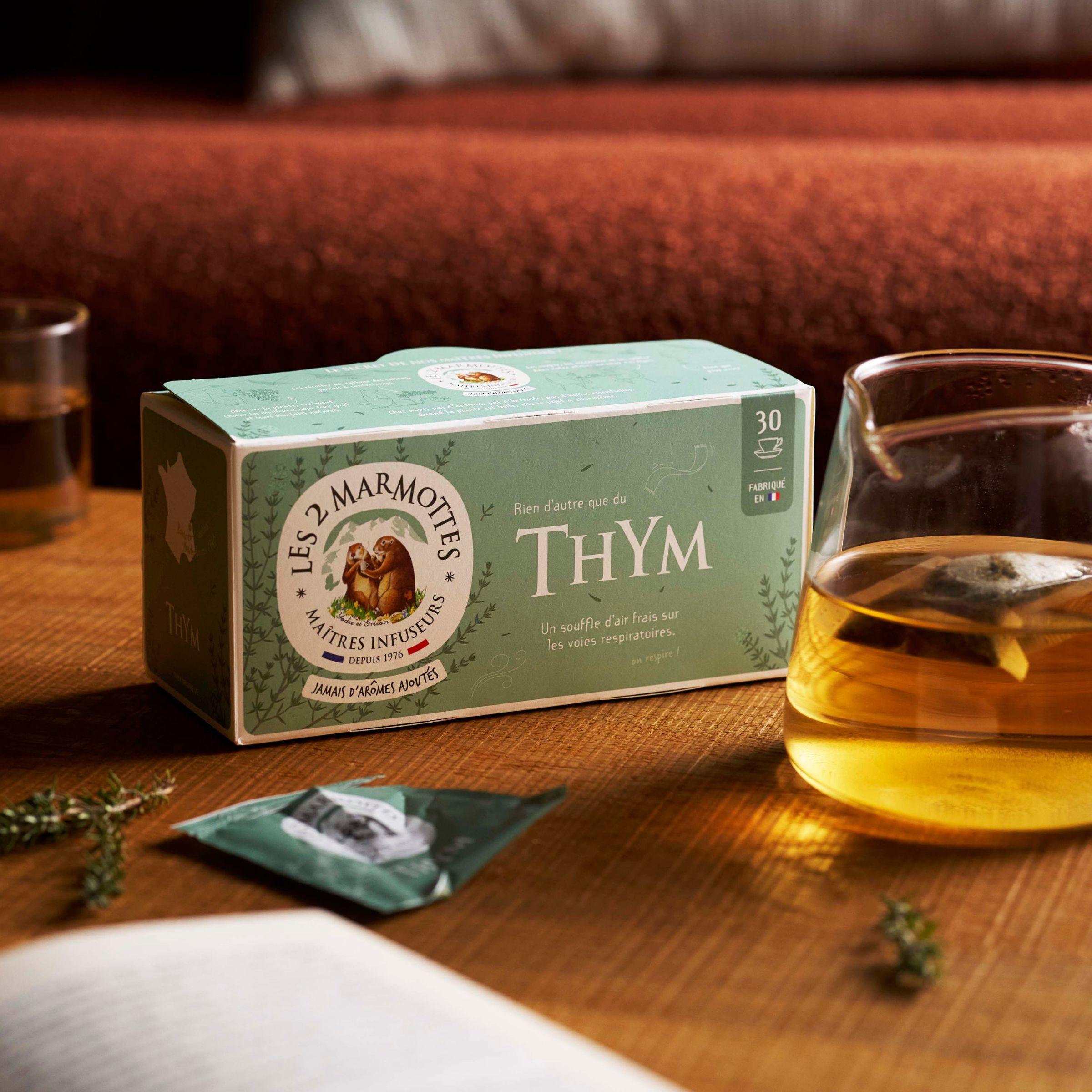 Infusion 100% thym, au vrai goût des plantes, pour mal de gorge ou pour le plaisir, à boire nature ou en y ajoutant du miel et du citron. Fabrication locale Haute-Savoie Les 2 Marmottes