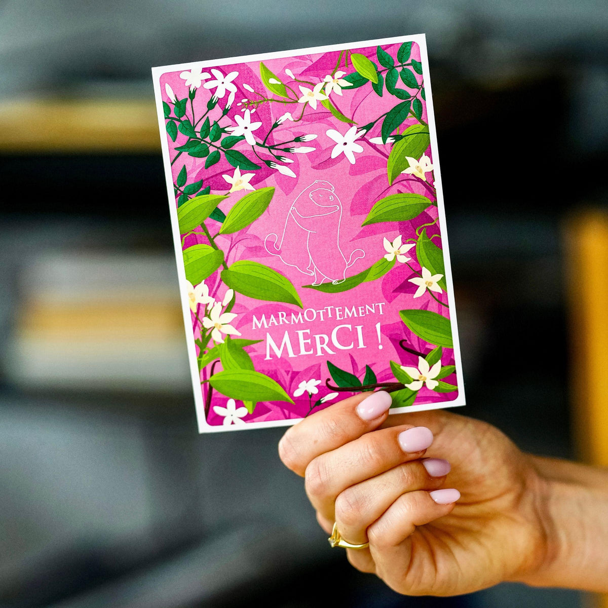 Carte de remerciement marmotte rose décor jasmin