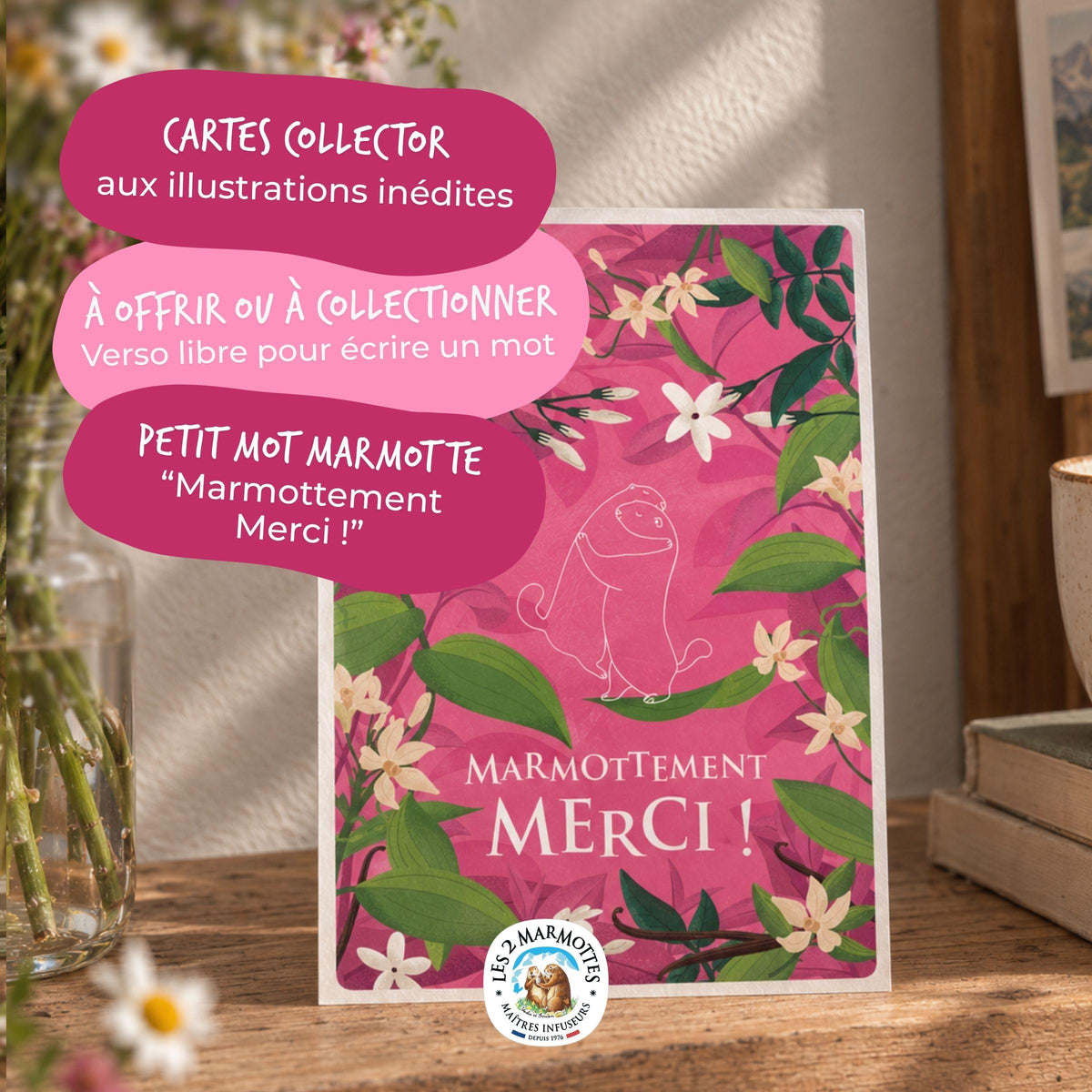 Carte postale rose "marmottement merci", fait partie d'une série à collectionner.
