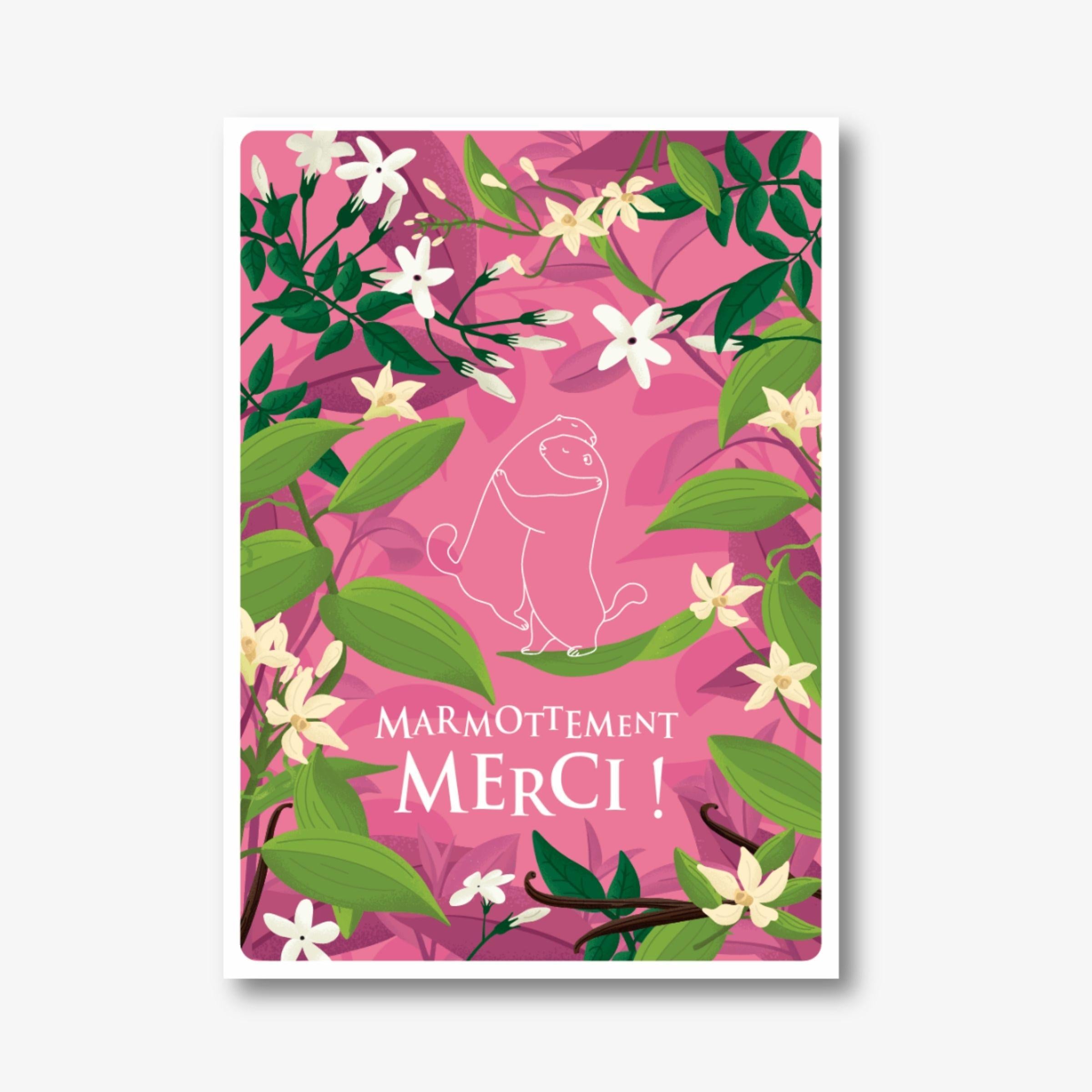 Carte postale remerciements les 2 marmottes, illustration 2 marmottes stylisées qui se font un câlin, couleur rose décor de plantes et fleurs de jasmin, citation "marmottement merci". Petite attention à joindre à un coffret cadeau thé ou tisane pour toutes occasions.
