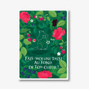 Carte postale les 2 marmottes verte avec illustration nature ( fleurs de pivoine, myrtille, cassis, framboise...), décor autour d'une marmotte qui fait un coeur avec les pattes, citation mignonne "fais-moi une tasse au fond de ton coeur". Message pour offrir à son amoureux ou amoureuse en même temps que son thé préféré ou un joli mug.