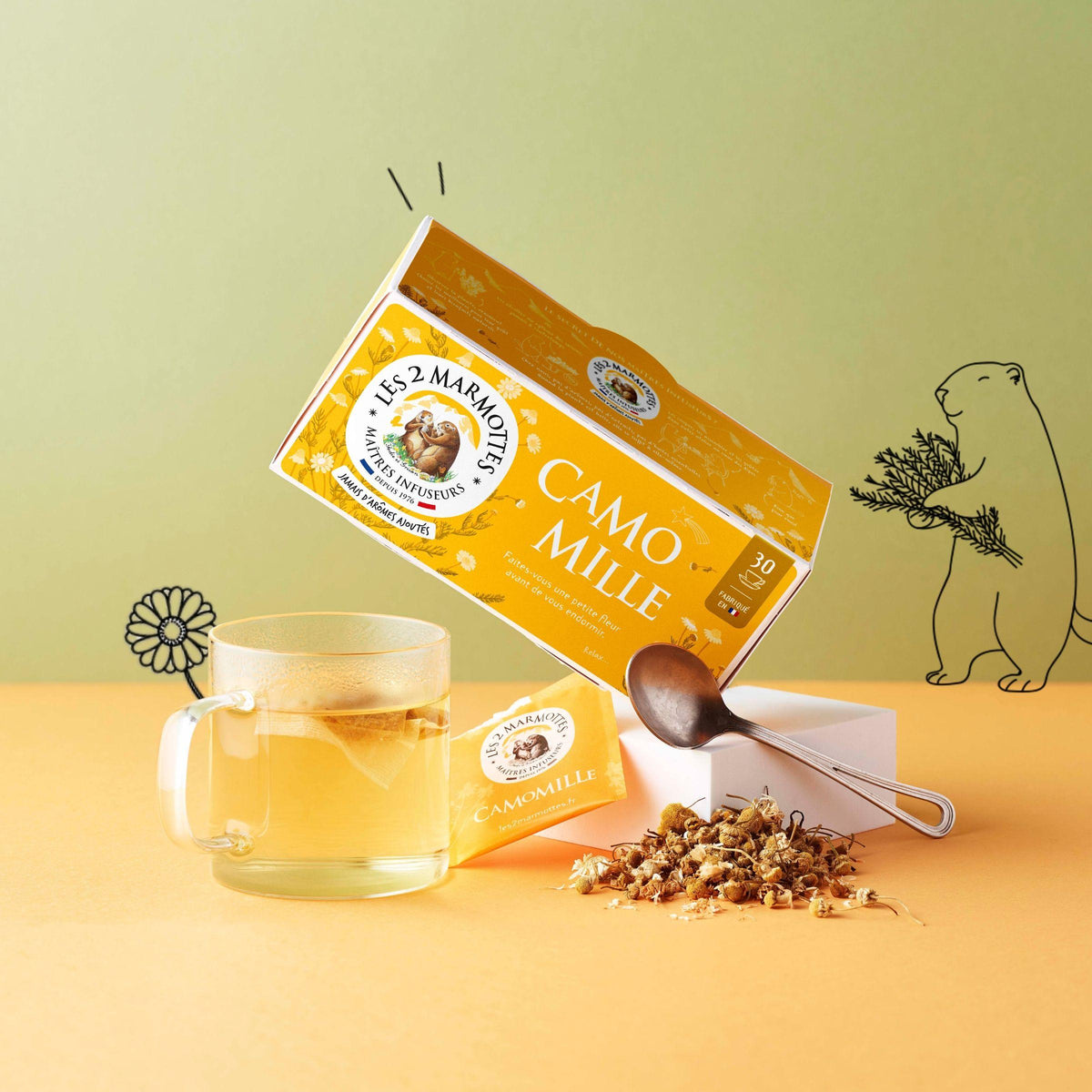 Tisane fleurs de camomille matricaire, Les 2 Marmottes. Fabrication Française.