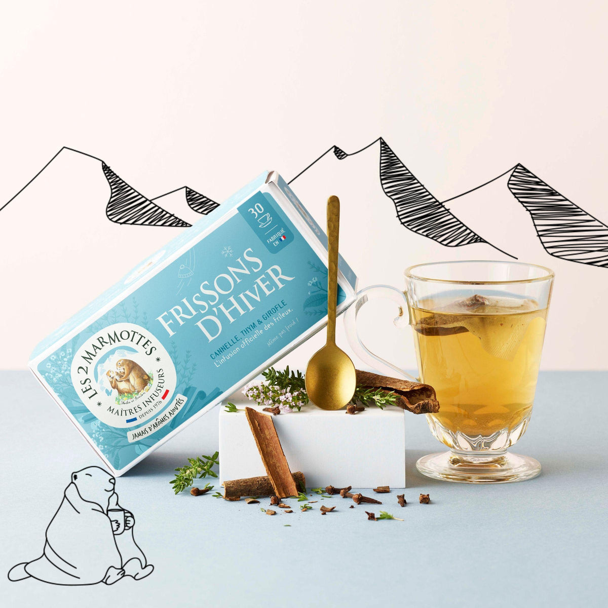 Tisanes aux épices Frissons d'hiver, Les 2 Marmottes. Made in France - sans arômes ajoutés