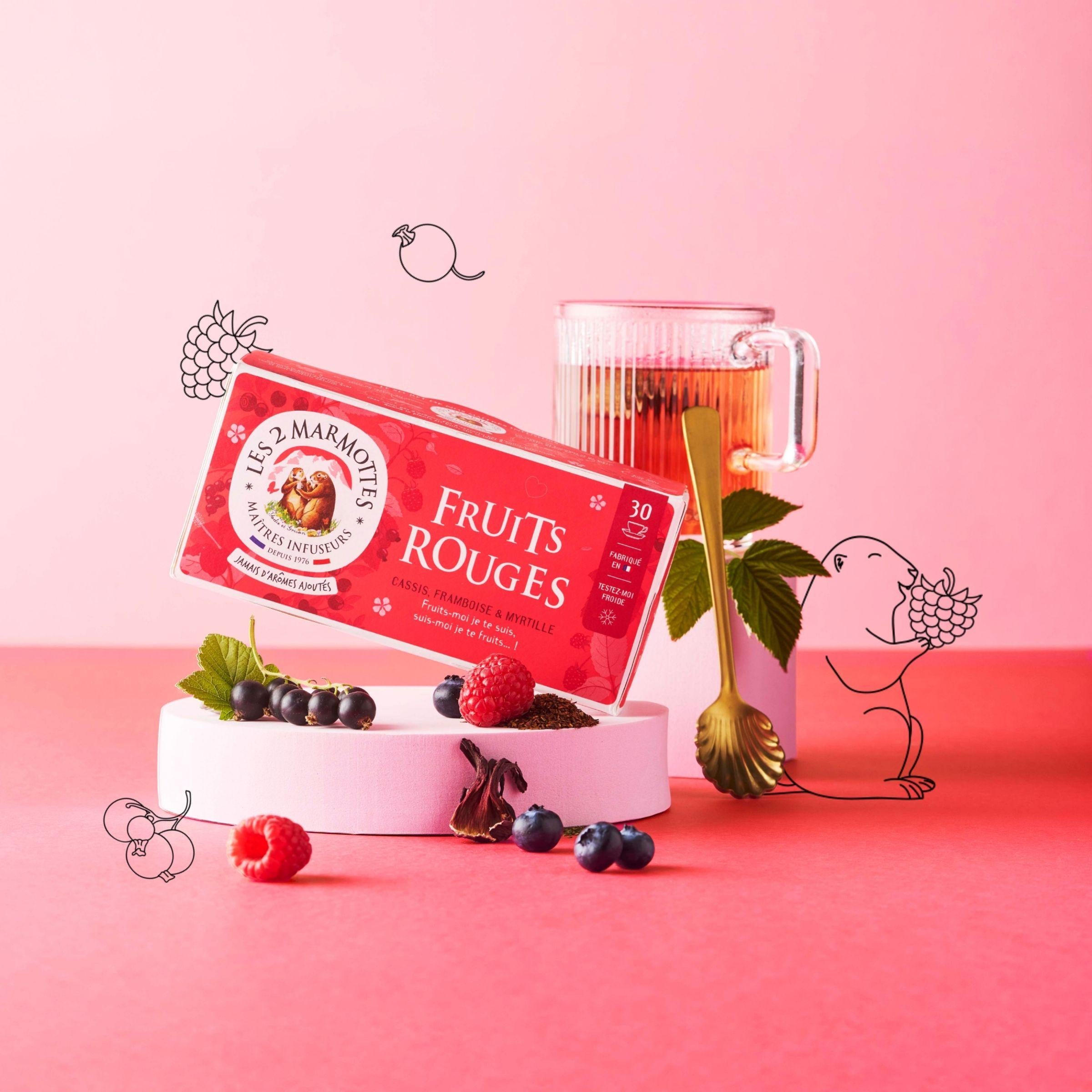 Infusion vrais fruits rouges Les 2 Marmottes, framboise cassis myrtille relevés par des fleurs d'hbiscus