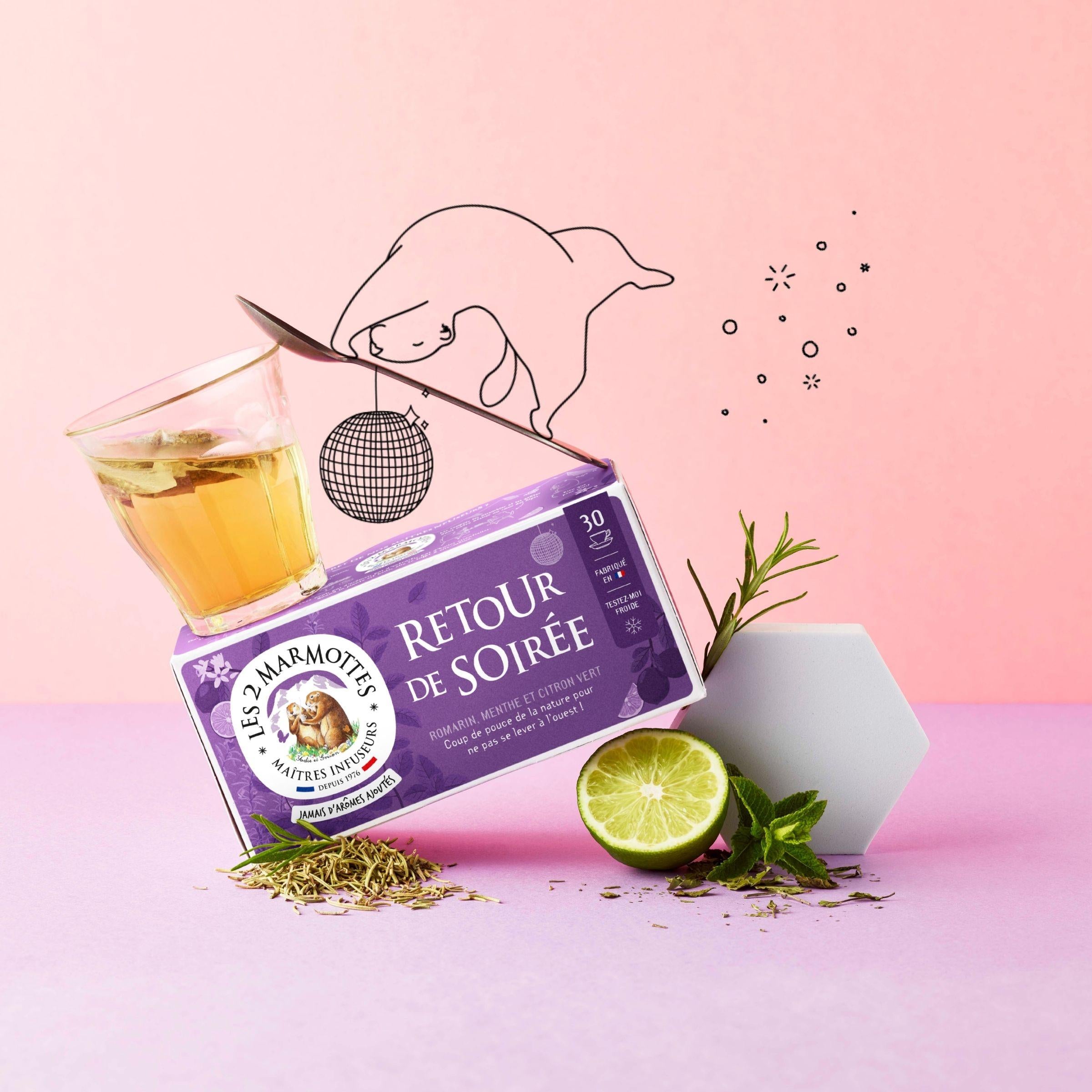 Tisane Retour de Soirée romarin menthe citron Les 2 Marmottes - Made in France - Sans arômes ajoutés