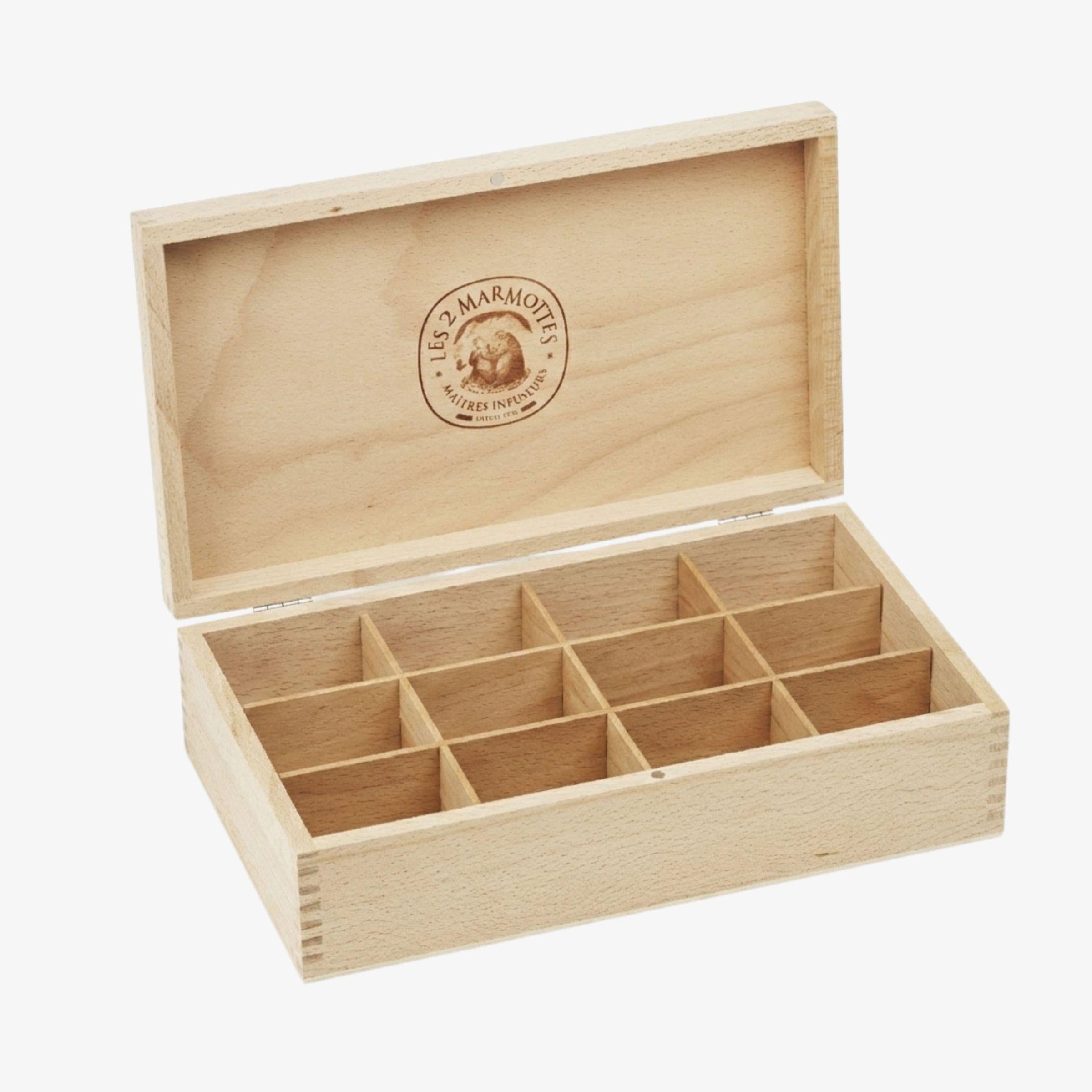 Coffret de rangement thés et tisanes en bois de hêtre clair, 12 cases, contenance 120 sachets