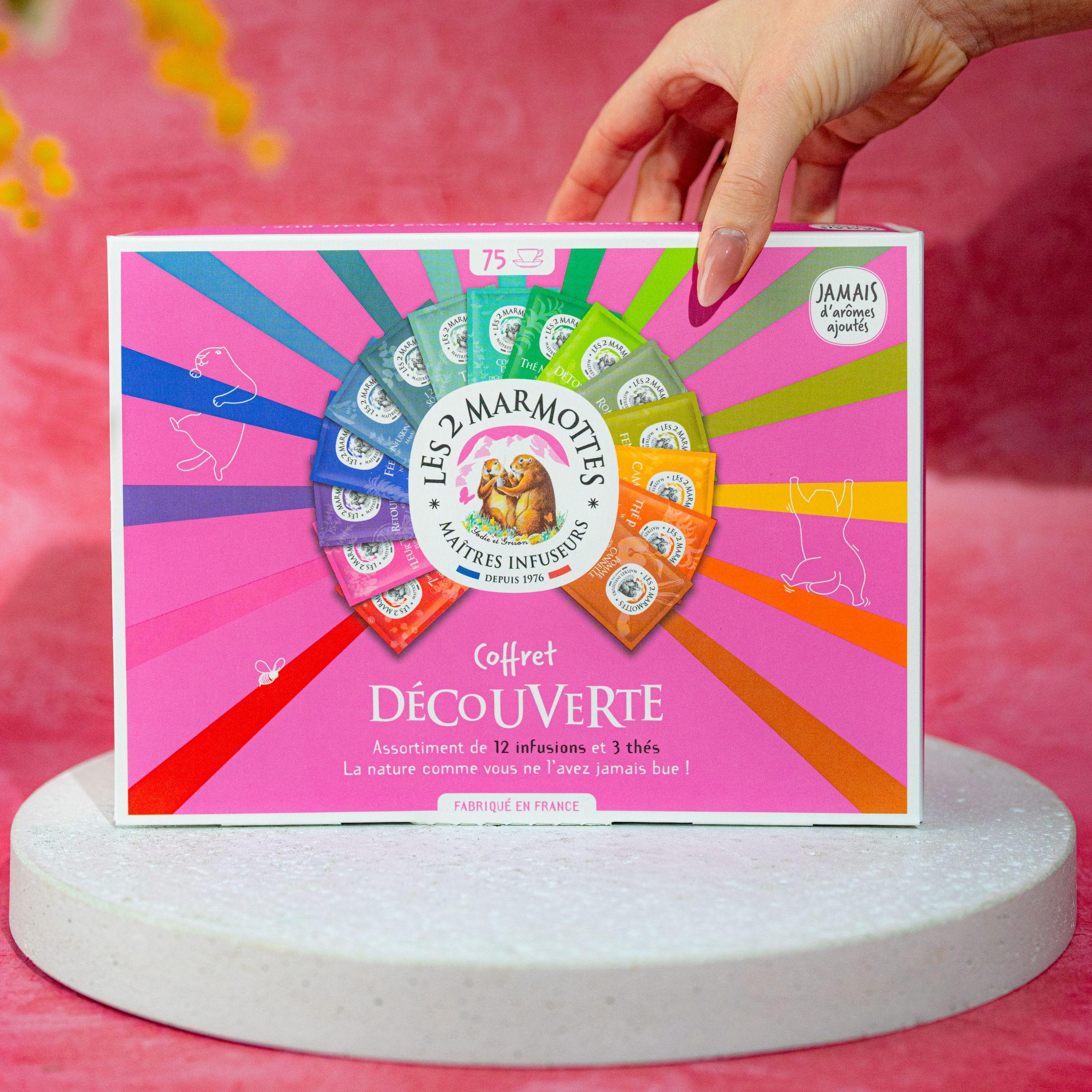 Coffret découverte les 2 marmottes, coffret cadeau rose tisanes et thés pour offrir en toutes occasions : fête des mères, anniversaire, remerciements...