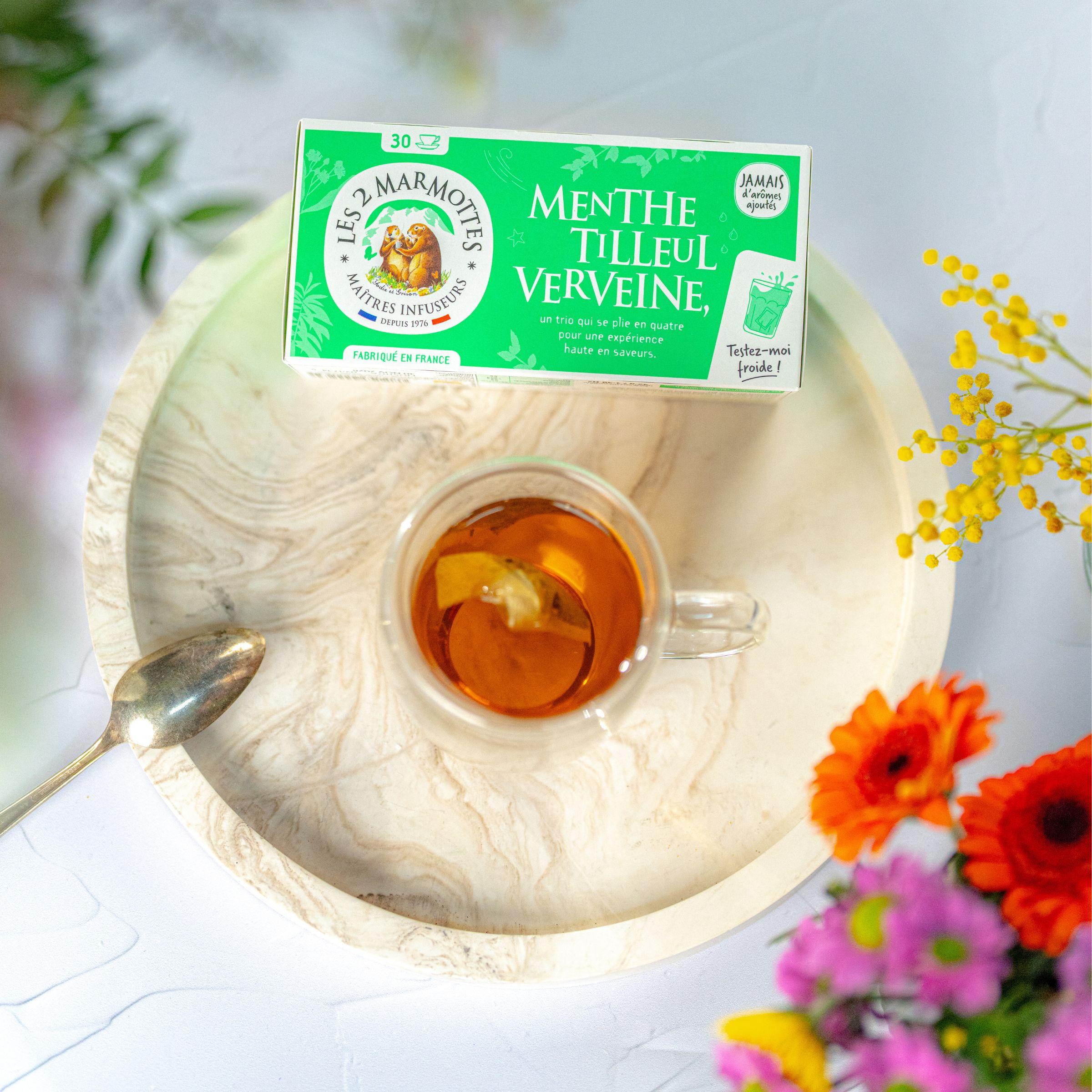 Tisane menthe tilleul et verveine les 2 marmottes, à boire froide ou chaude, tisane plantes sans arômes ajoutés