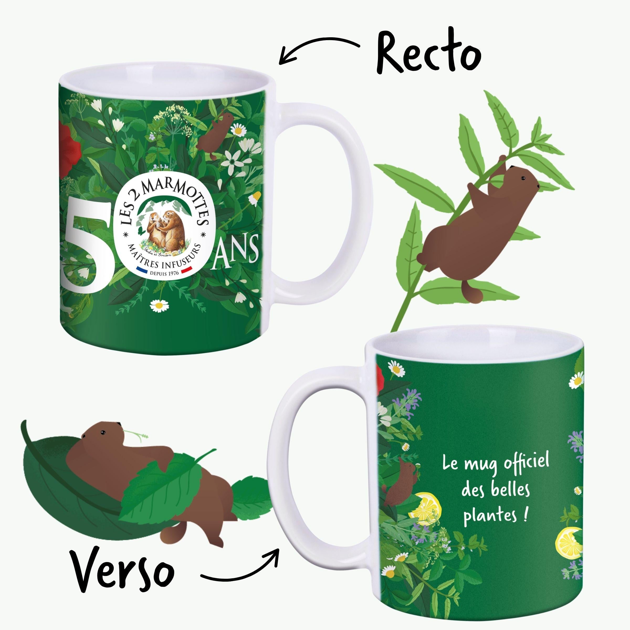 Mug collector 50 ans Les 2 Marmottes, mug vert illustration fleurs et herbes avec citation "le mug officiel des belles plantes"