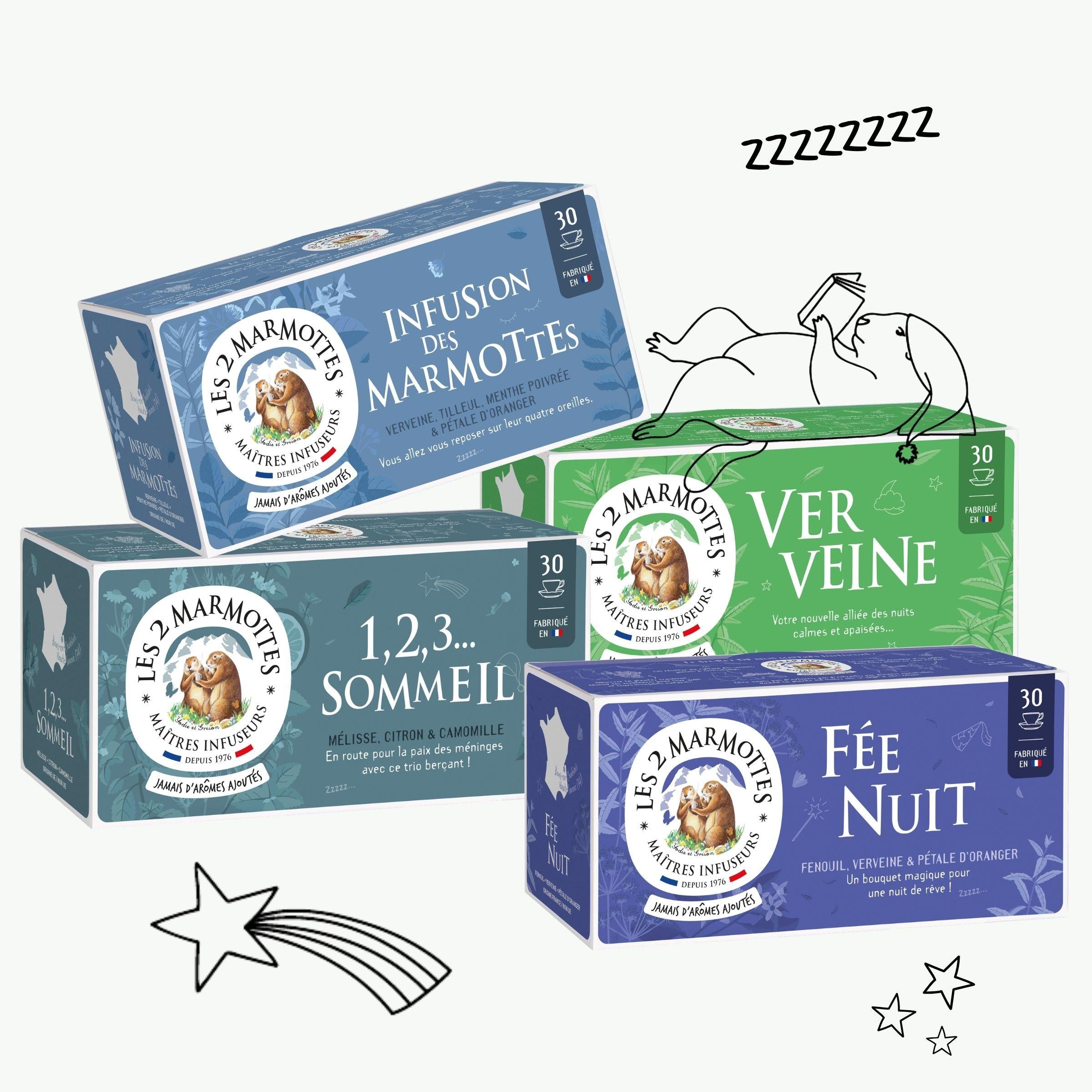 4 tisanes pour dormir à boire le soir avant de se coucher, lot économique 4 tisanes 100% plantes pour dormir