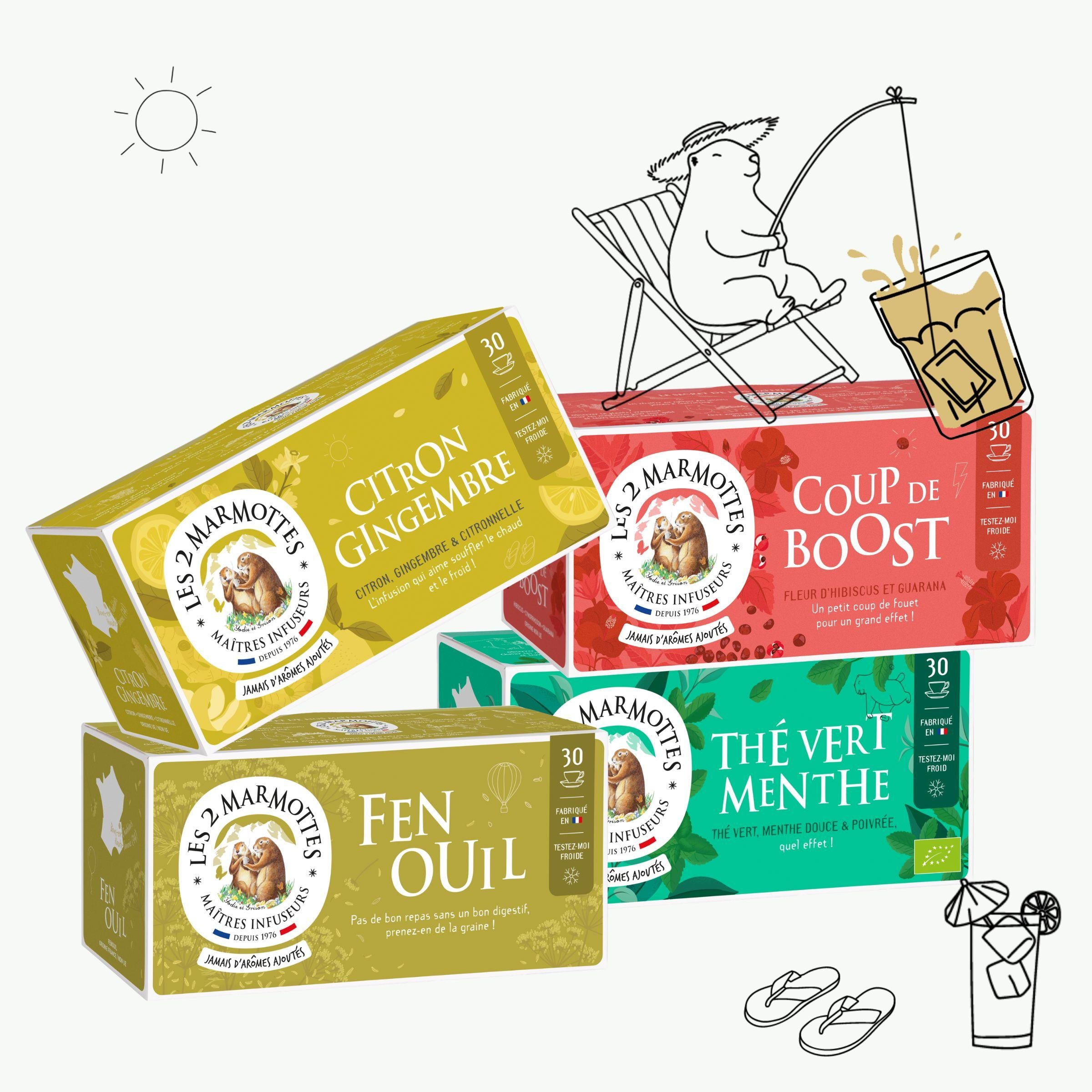 Pack de 4 tisanes et thés sans arômes ajoutés pour boire au naturel tout l'été