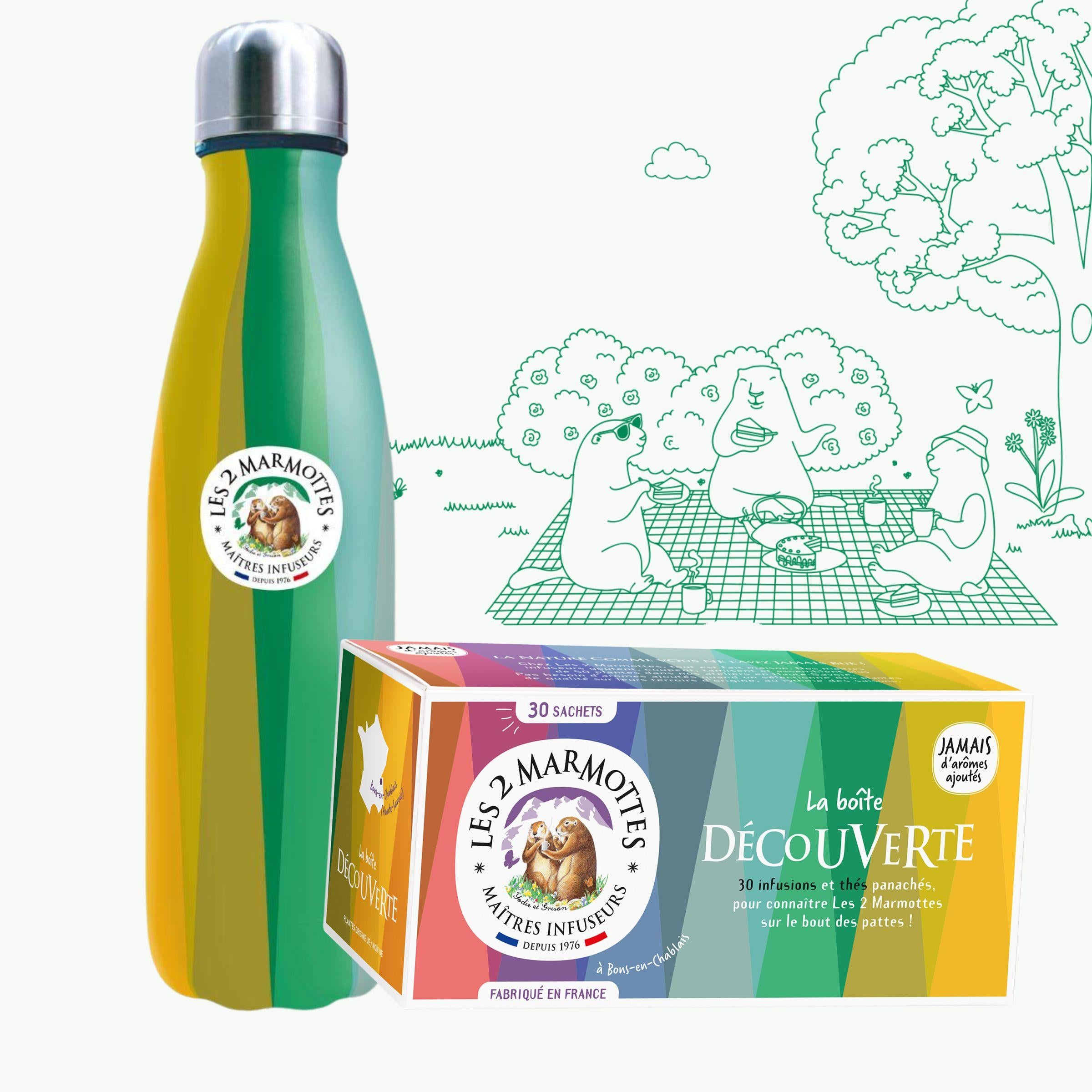 Pack à prix réduit : gourde isotherme motif arlequin + boîte découverte arc-en-ciel 30 sachets