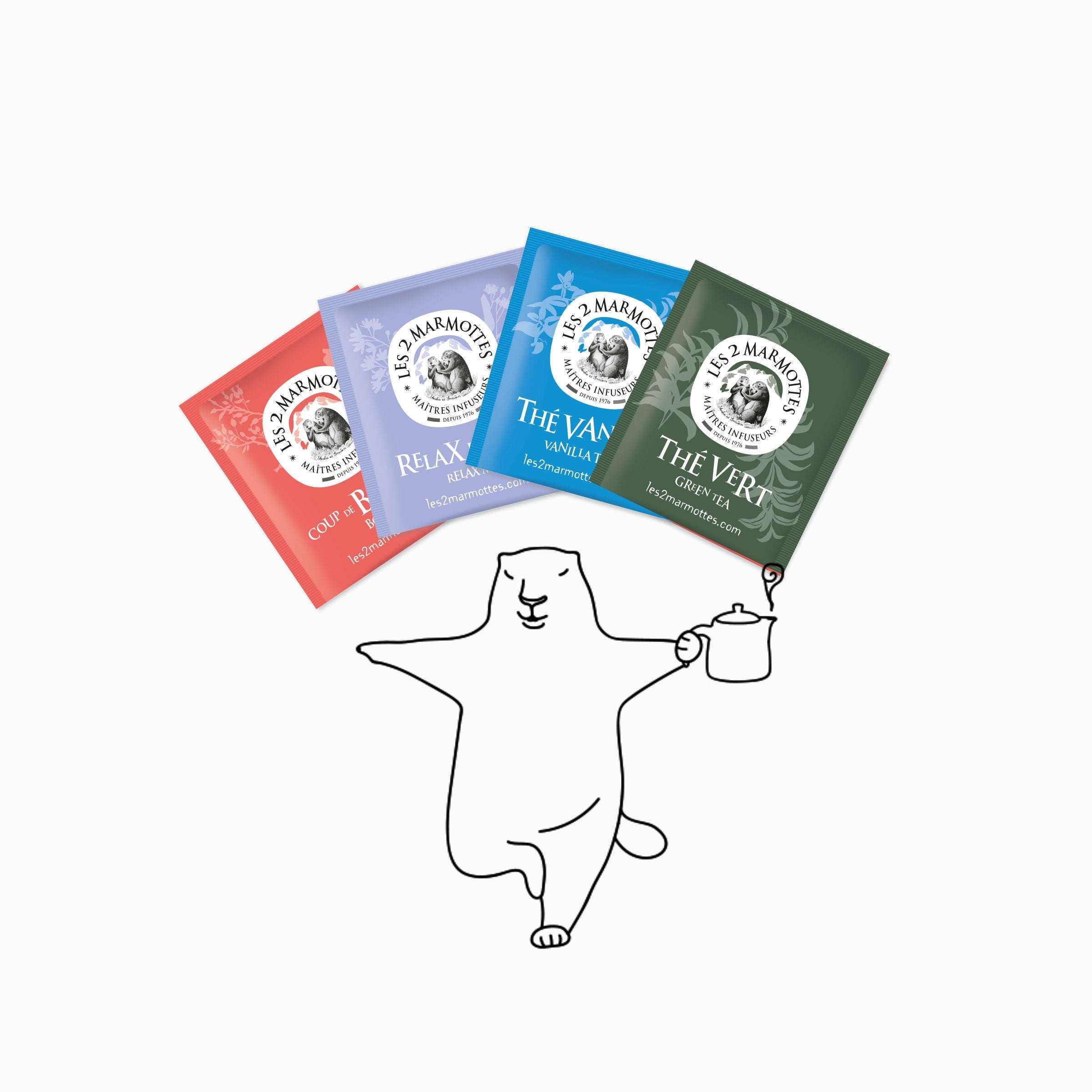 Assortiment 4 boîtes les 2 marmottes : tisane coup de boost pour le matin, relax et moi pour le soir, 1 thé noir et 1 thé vert