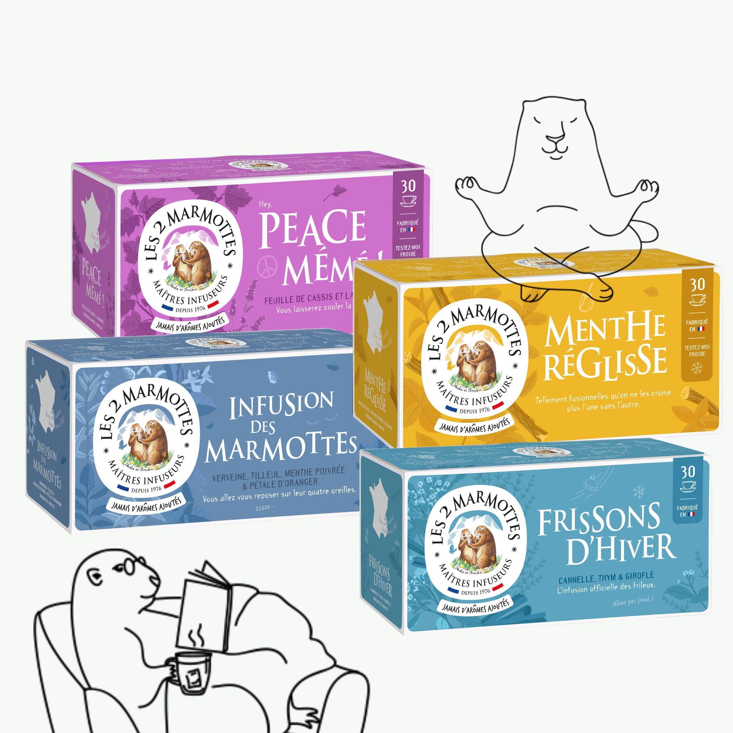 Lot de 4 tisanes détente pour le soir - format économique. 4 infusions 100% plantes les 2 marmottes, sans caféine, sans théine, pour le coucher ou un moment détente dans la journée