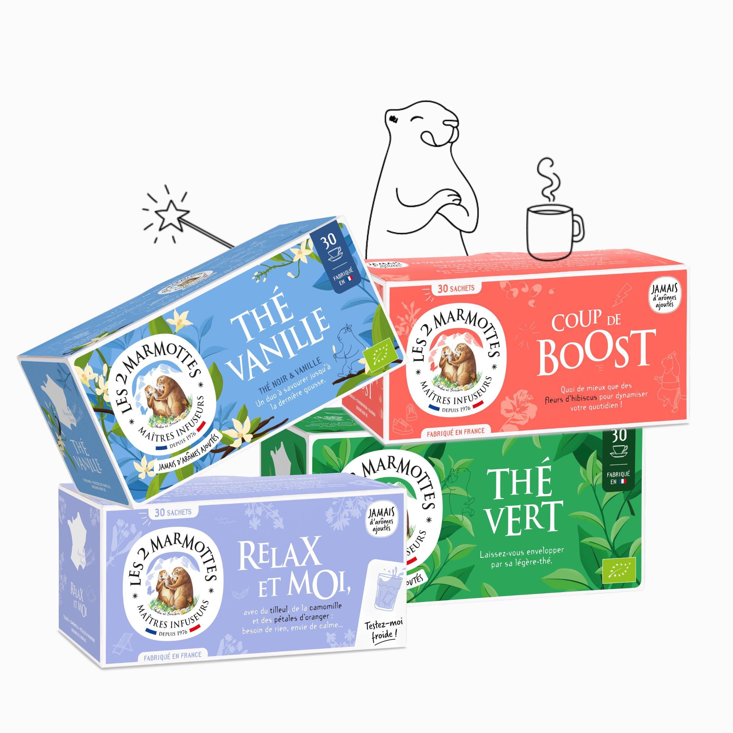 Pack économique de 4 tisanes et thés les 2 marmottes. 2 thés bios et 2 tisanes sans théine