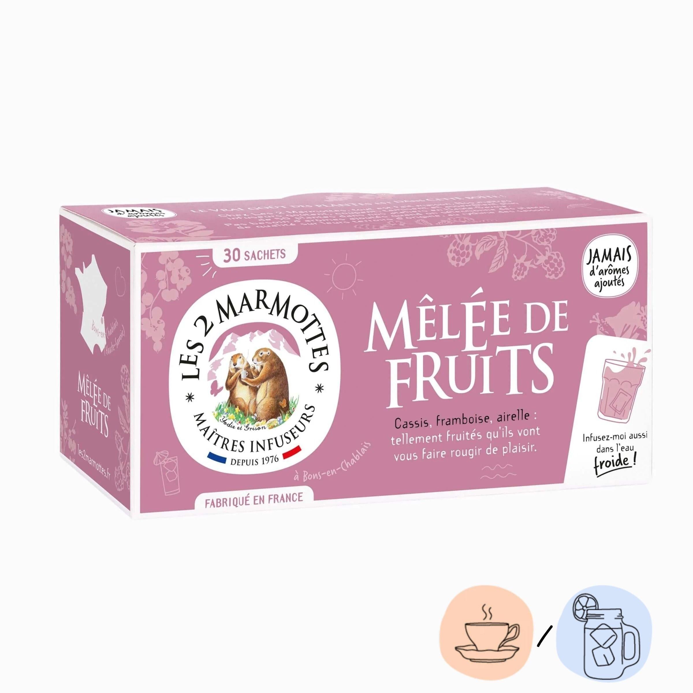 Tisane Melee de Fruits Les 2 Marmottes, infusion naturelle aux fruits sans aucun arôme ajouté, à boire chaude ou en version glacée
