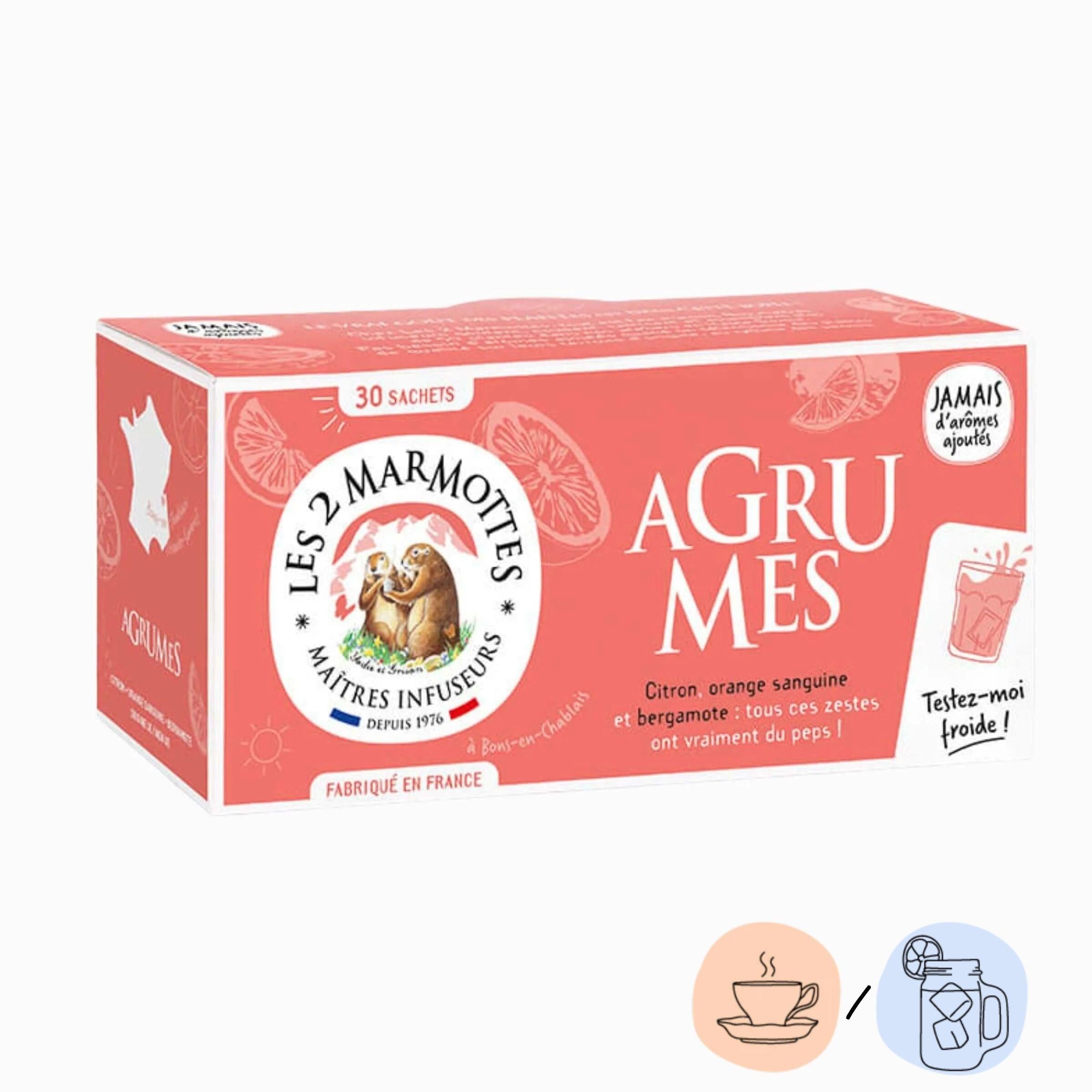 Tisane agrumes Les 2 Marmottes, infusion aux vrais agrumes sans arôme ajouté, à boire chaude ou en infusion glacée
