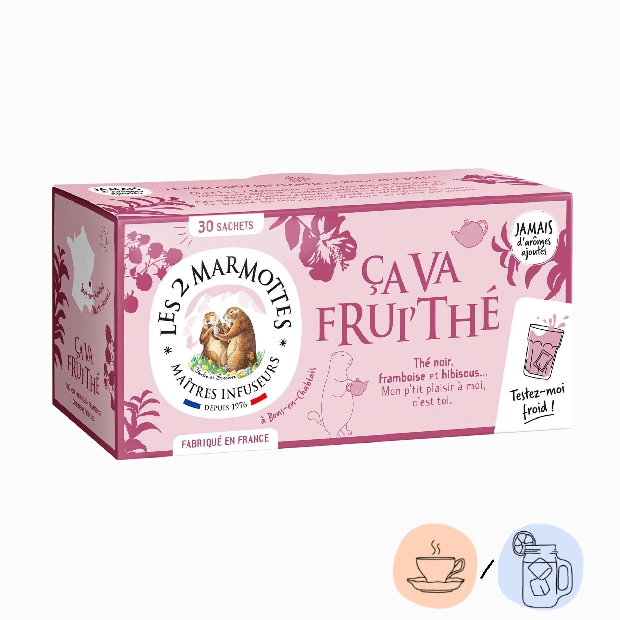 ça va frui'thé les 2 marmottes, thé noir framboise hibiscus sans arômes ajoutés, naturellement acidulé. A boire chaud ou en version thé glacé