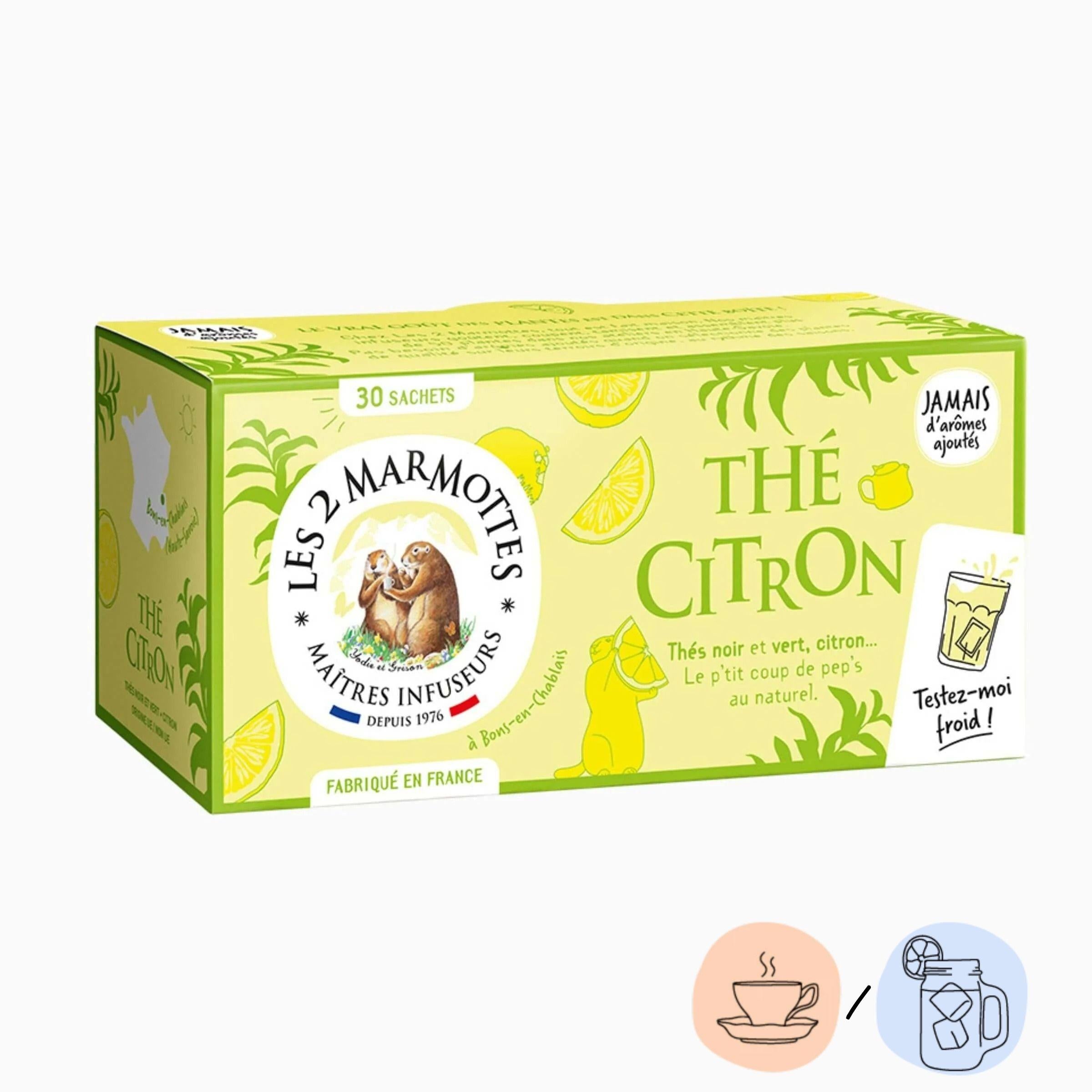 Thé citron les 2 marmottes, thé bio au vrai citron sans arôme ajouté. A boire chaud ou en version thé glacé.