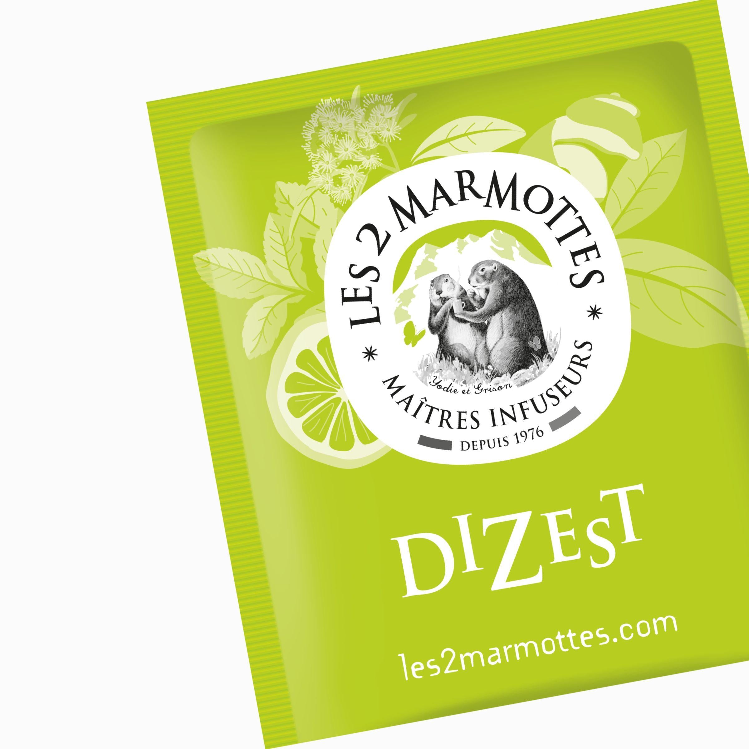 Sachet de Tisane menthe citron citronnelle pour après-repas, infusion Dizest Les  Marmottes, tisane naturelle pour confort digestif après déjeuner ou dîner, vraies plantes sans aucun arôme ajouté, saveur authentique, se boit chaude ou froide par fortes chaleurs
