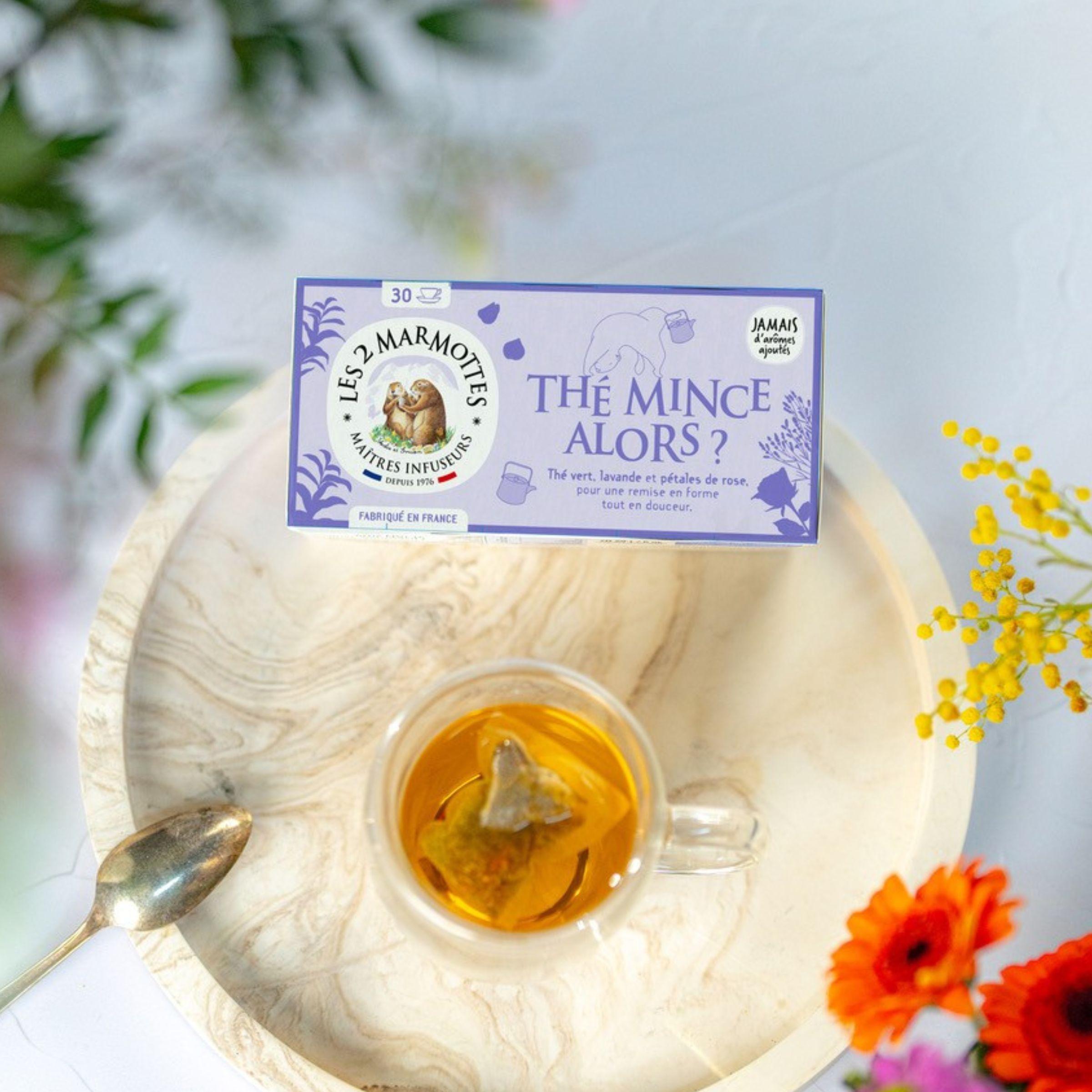 Thé vert minceur, thé bio à la rose et lavande, thé floral les 2 marmottes