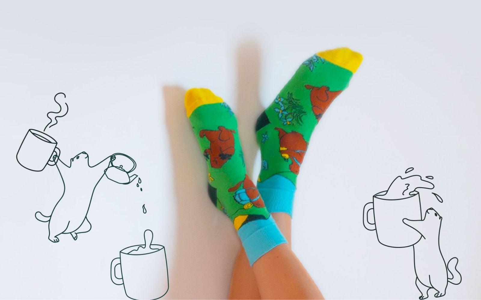 Chaussettes Les 2 marmottes vert jaune bleu décor montagne