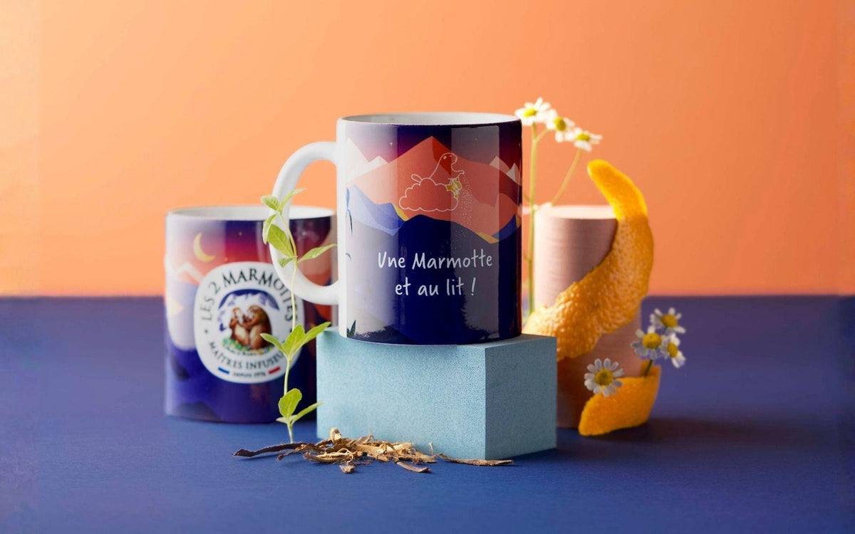 Mug bleu nuit Une marmotte et au lit