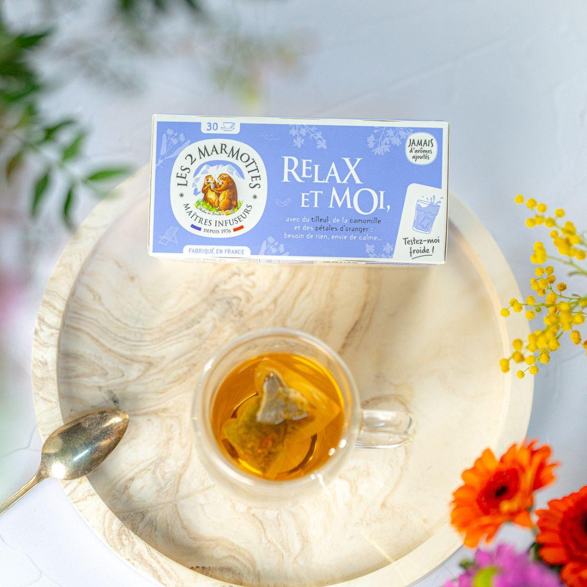 Tisane fleurs de camomille et pétales de fleur d'oranger Les 2 Marmottes, tisane relax pour le printemps