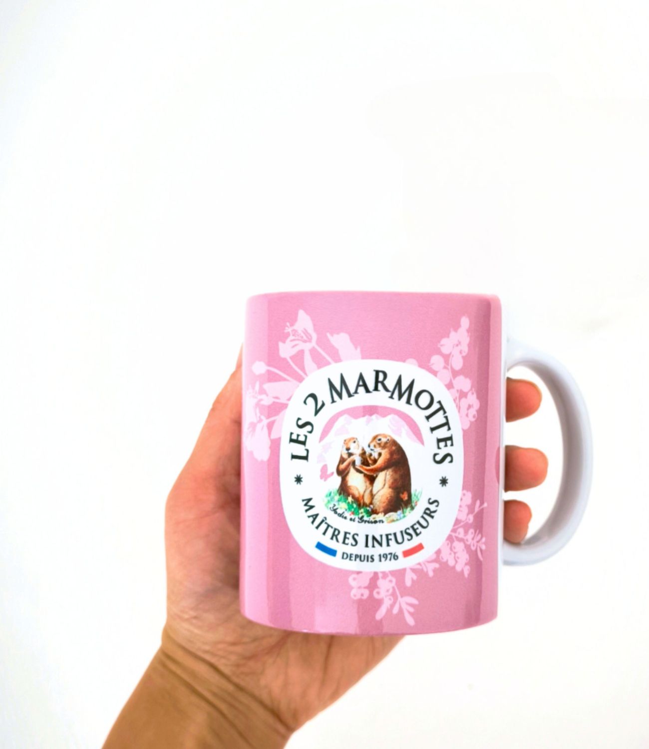 Mug rose orné du logo Les 2 Marmottes