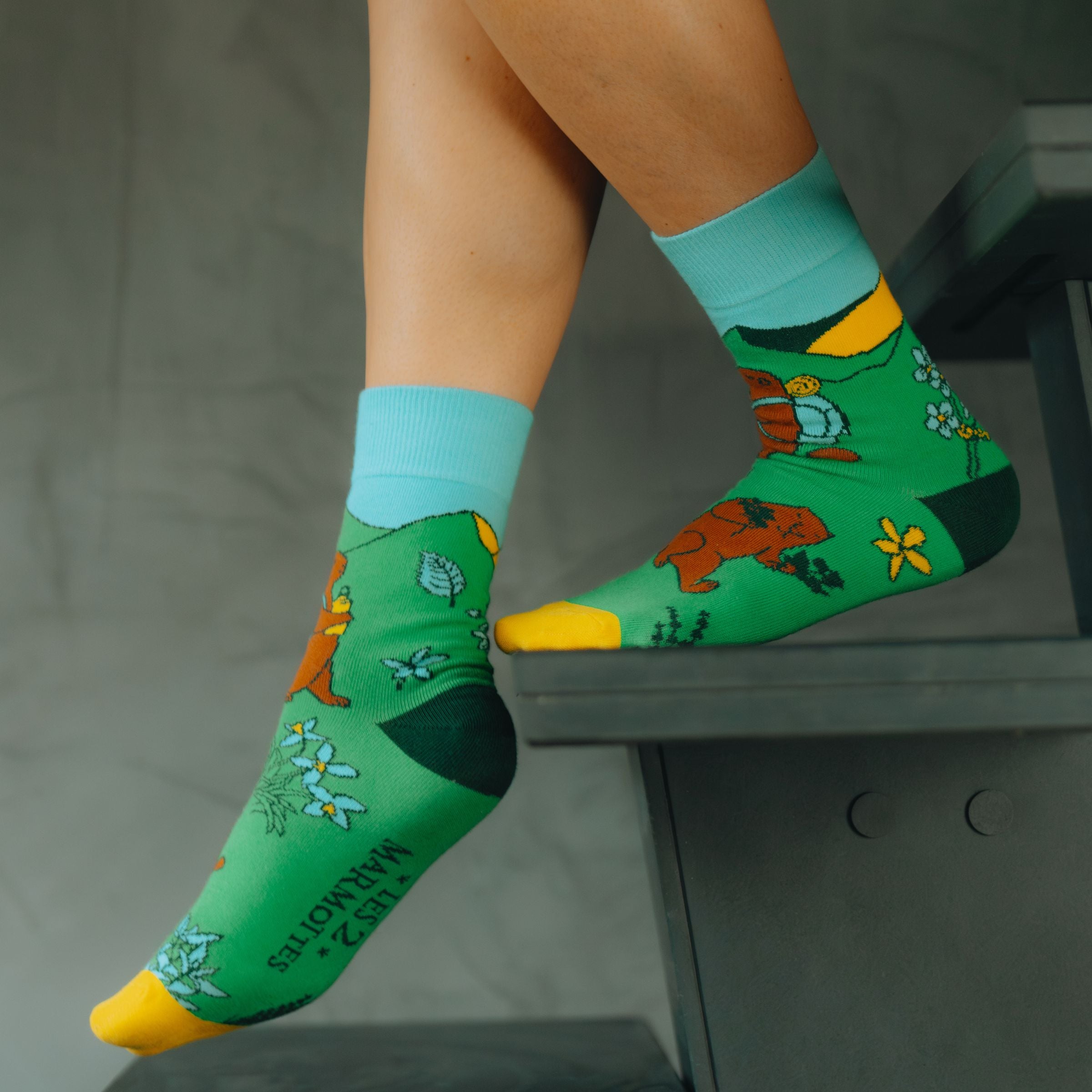 Chaussettes vertes décor marmottes à la montagne, chaussettes taille unique Les 2 Marmottes