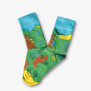 Chaussettes les 2 marmottes en édition limitée, décor de marmottes à la montagne l'été vert jaune et bleu
