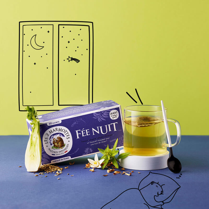 tisane du soir Fée Nuit fenouil verveine pétales d'oranger camomille Les 2 Marmottes - Made in France - Sans arômes ajoutés