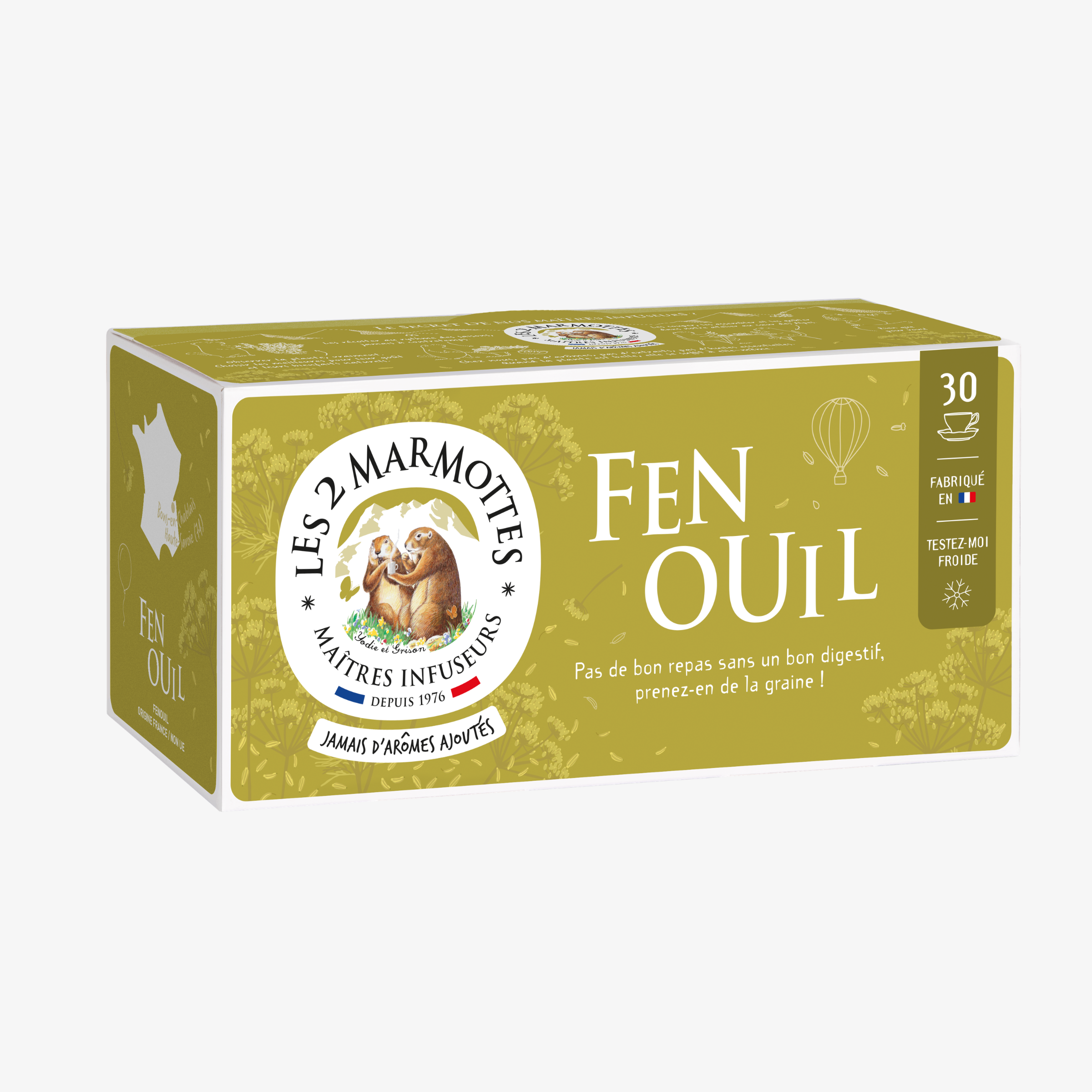 Tisane de graines de fenouil Les 2 Marmottes, tisane pour digérer après le repas. Fabrication Française. Infusion monoplante 100% fenouil