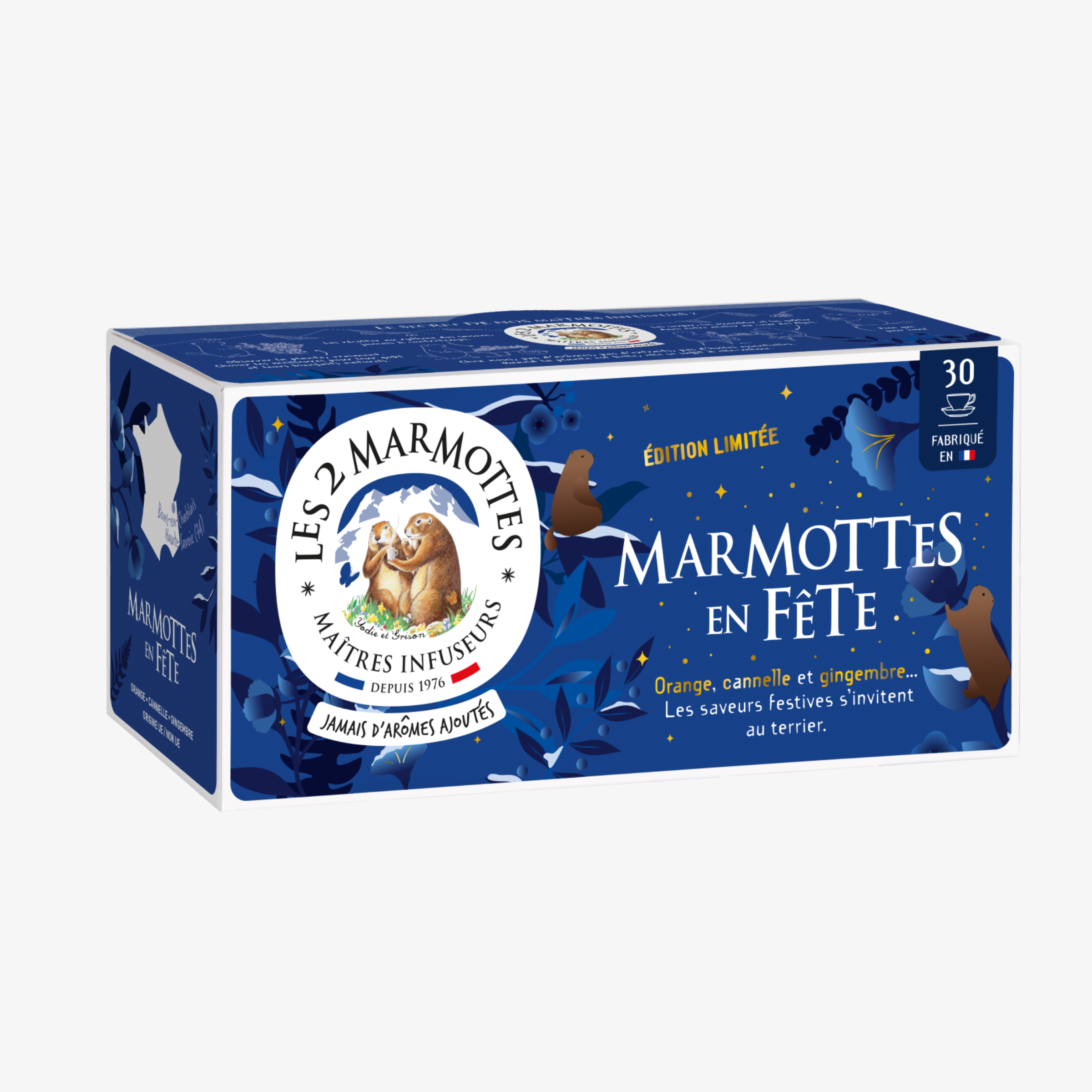 Tisane de Noël Marmottes en Fête : tisane orange, cannelle, gingembre, saveurs authentiques sans arômes ajoutés