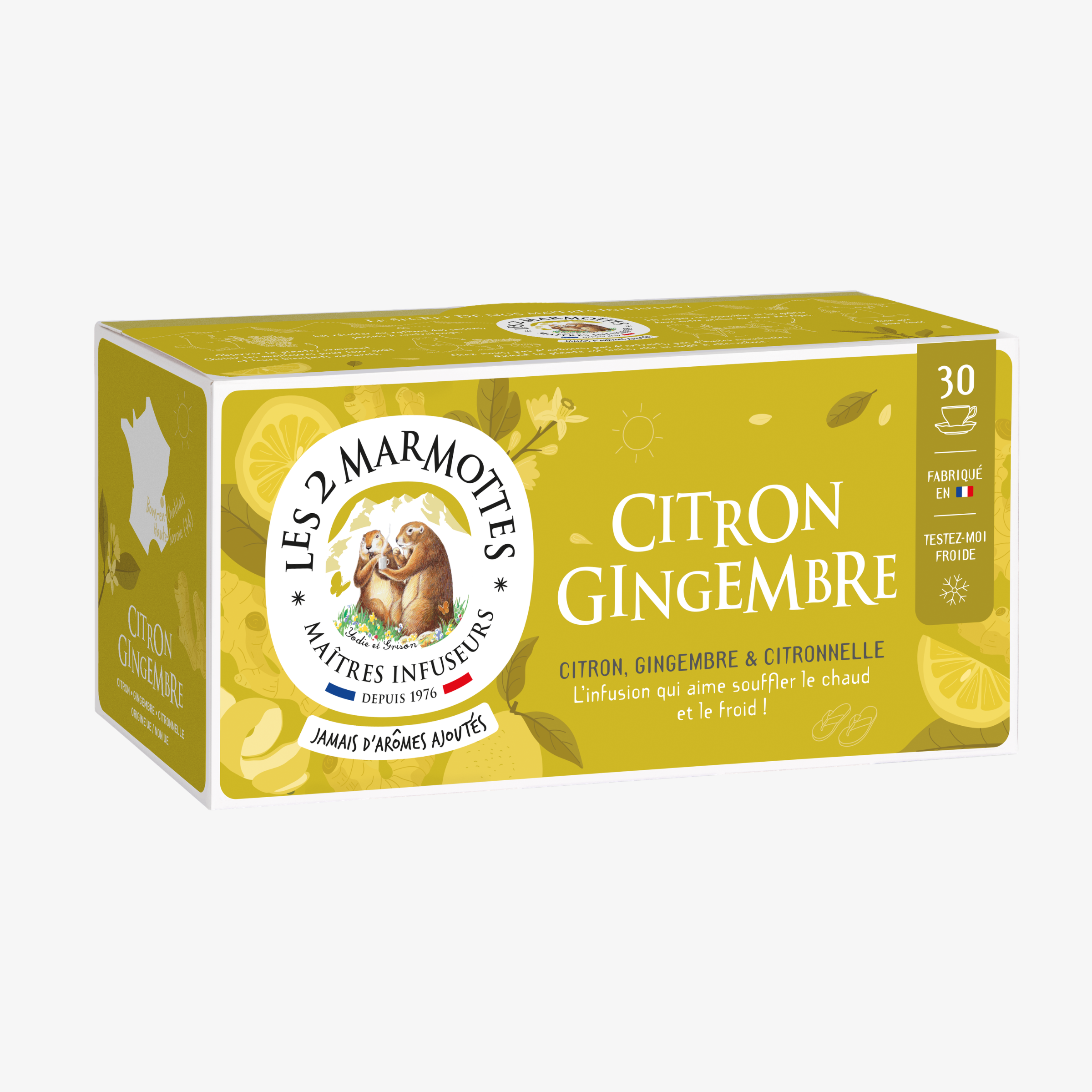 Infusion Citron Gingembre sans arômes ajoutés Les 2 marmottes, boîte de 30 sachets, tisane au vrai citron sans additifs. Tisane épicée, saveur puissante et naturelle, à boire chaude ou froide.