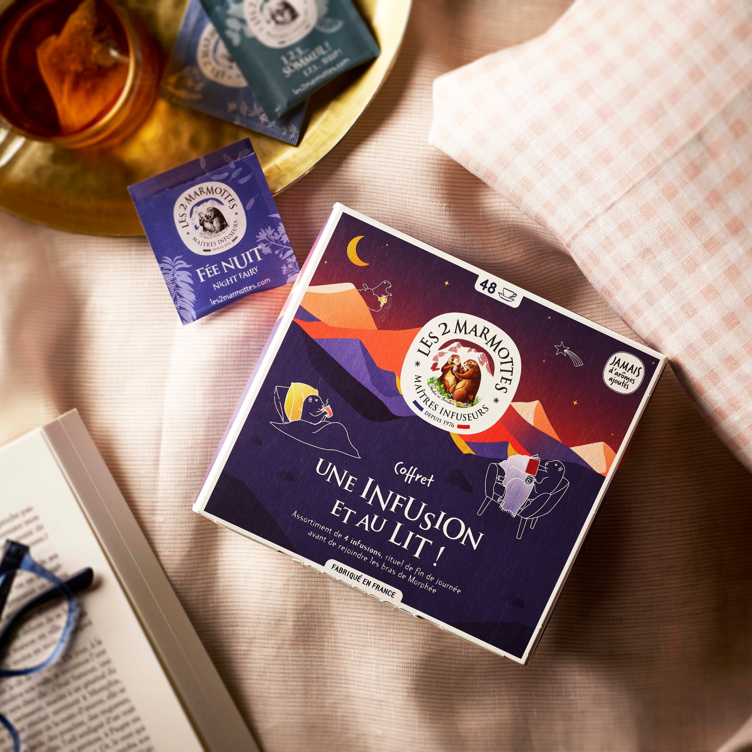 Coffret cadeau tisanes fabrication française : petit coffret 48 sachets Une infusion et au lit