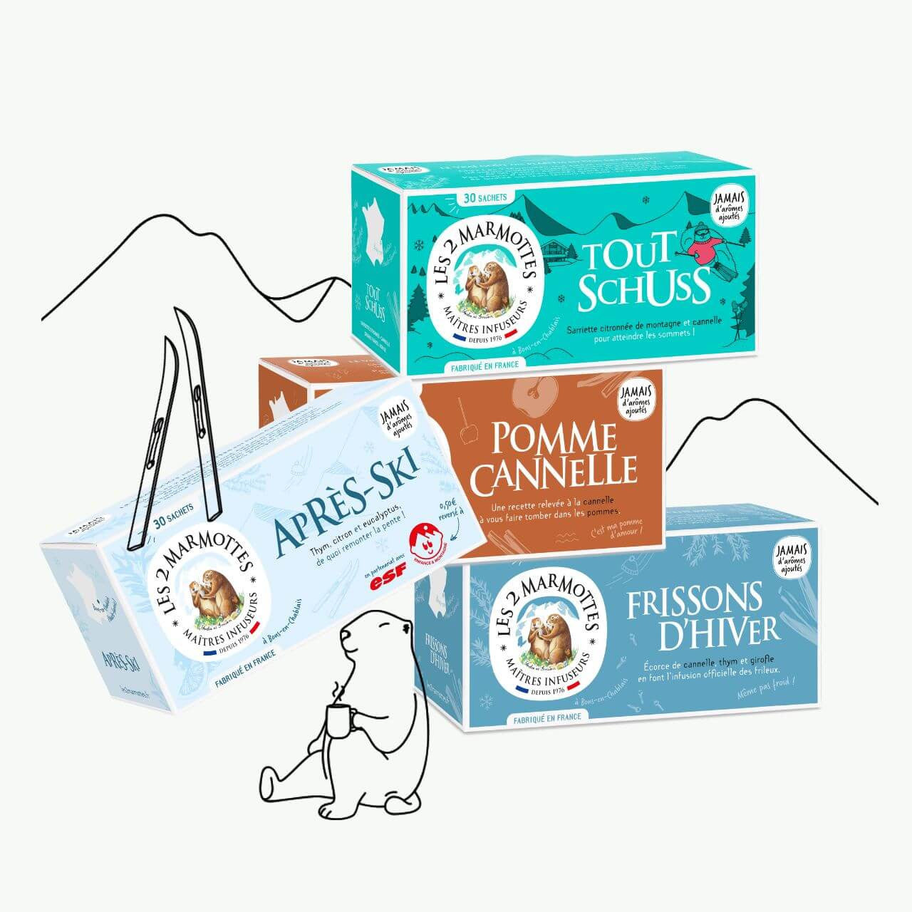 4 tisanes 100% plantes pour la montagne : Après-Ski, Tout Schuss, Pomme-Cannelle, Frissons d'hiver